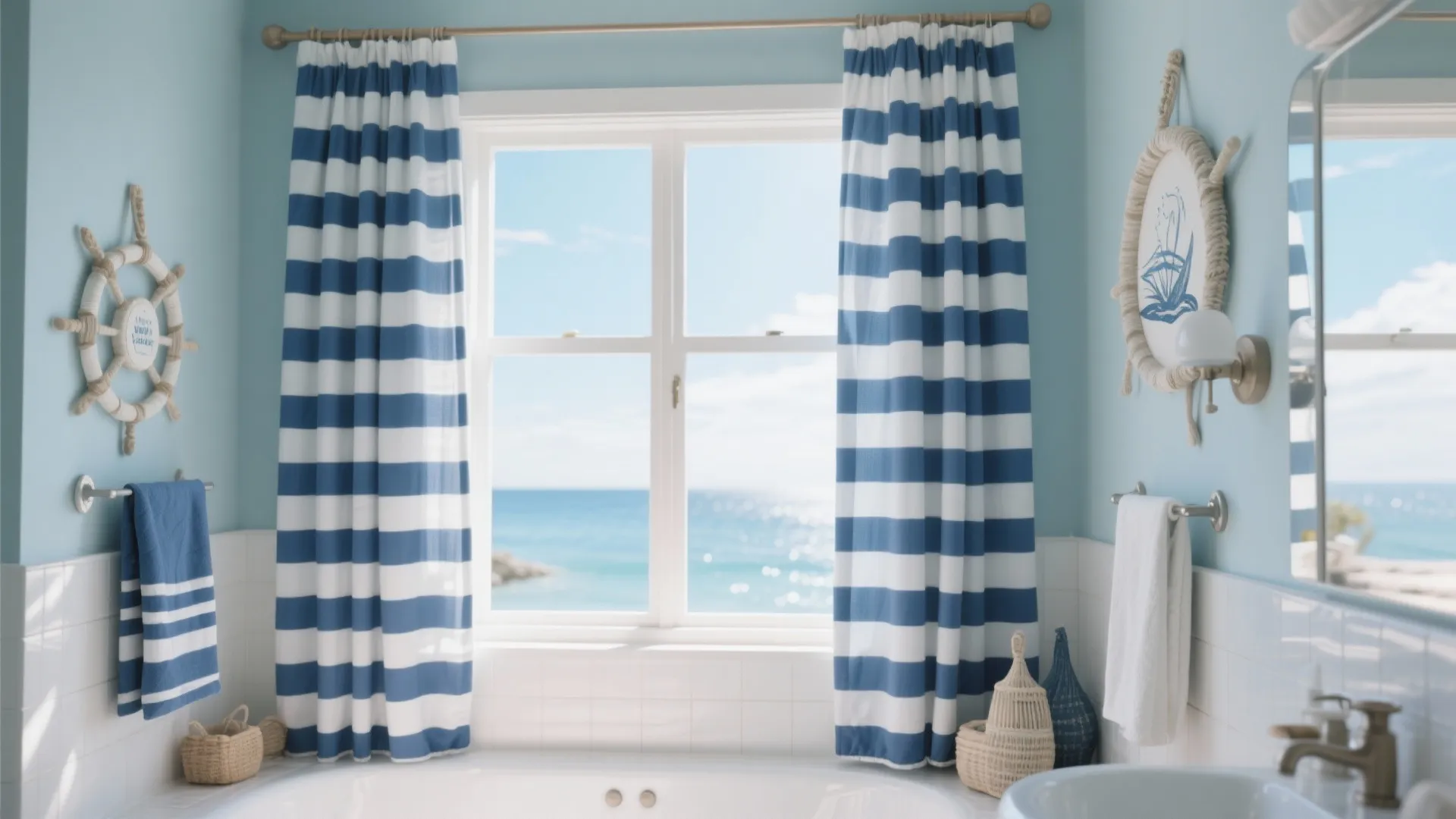 Bathroom with nautical striped waterproof curtains