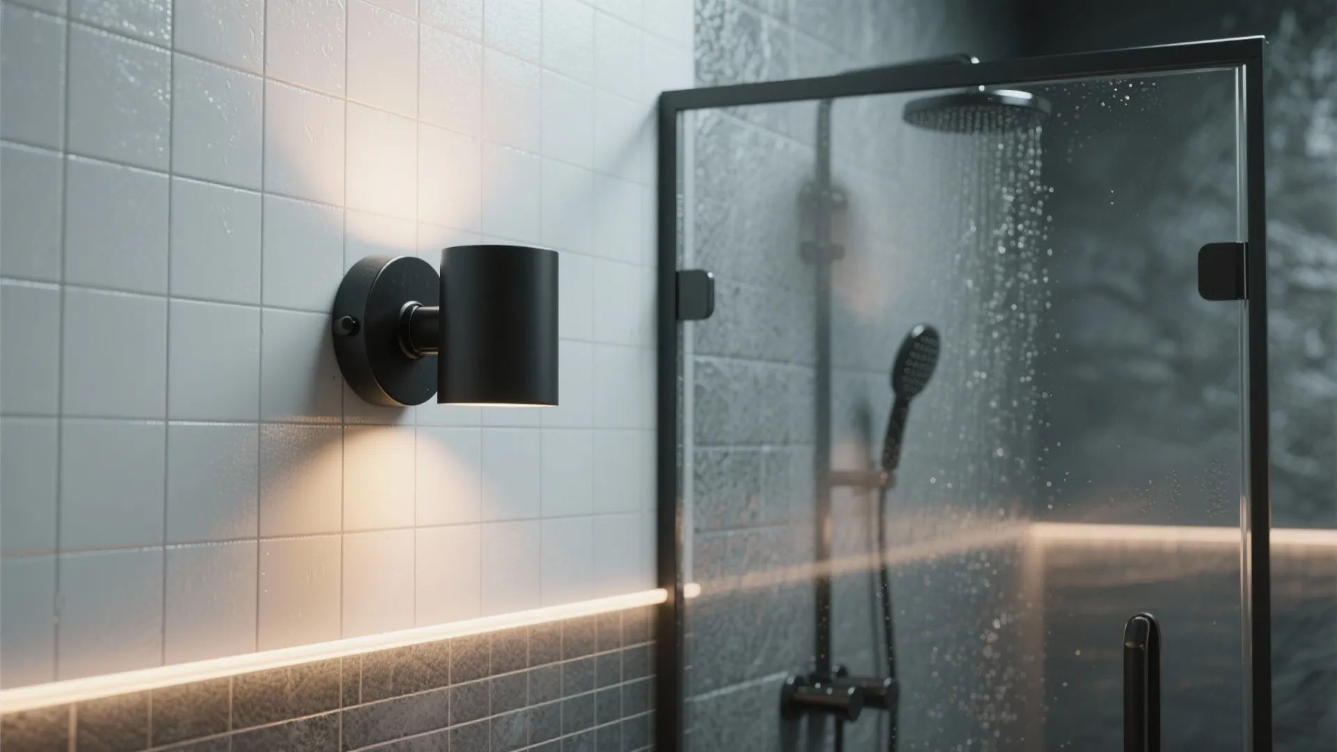 Waterproof matte black wall light installed near a shower on tiled wall, showing sealed fittings.