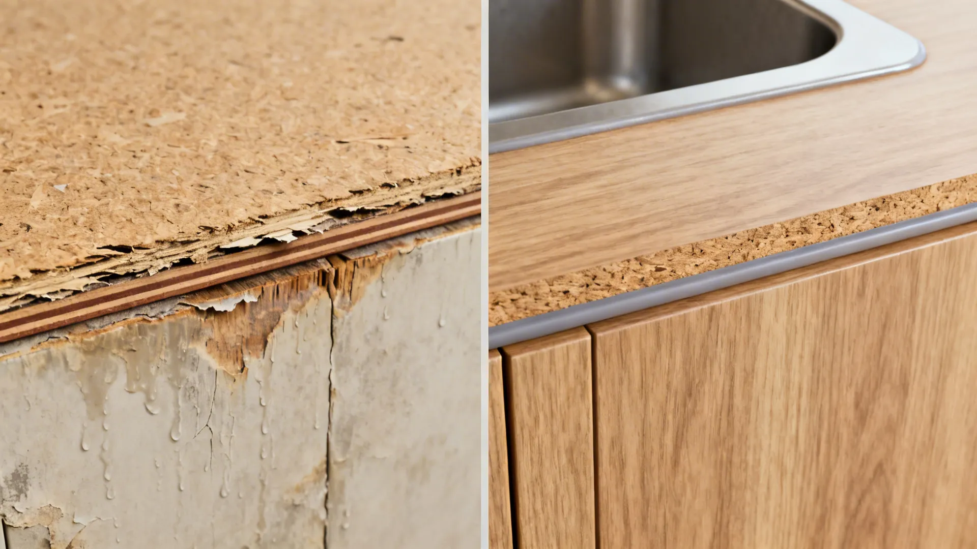 Split view showing damaged sink base vs. upgraded plywood core with 2 mm edge banding.