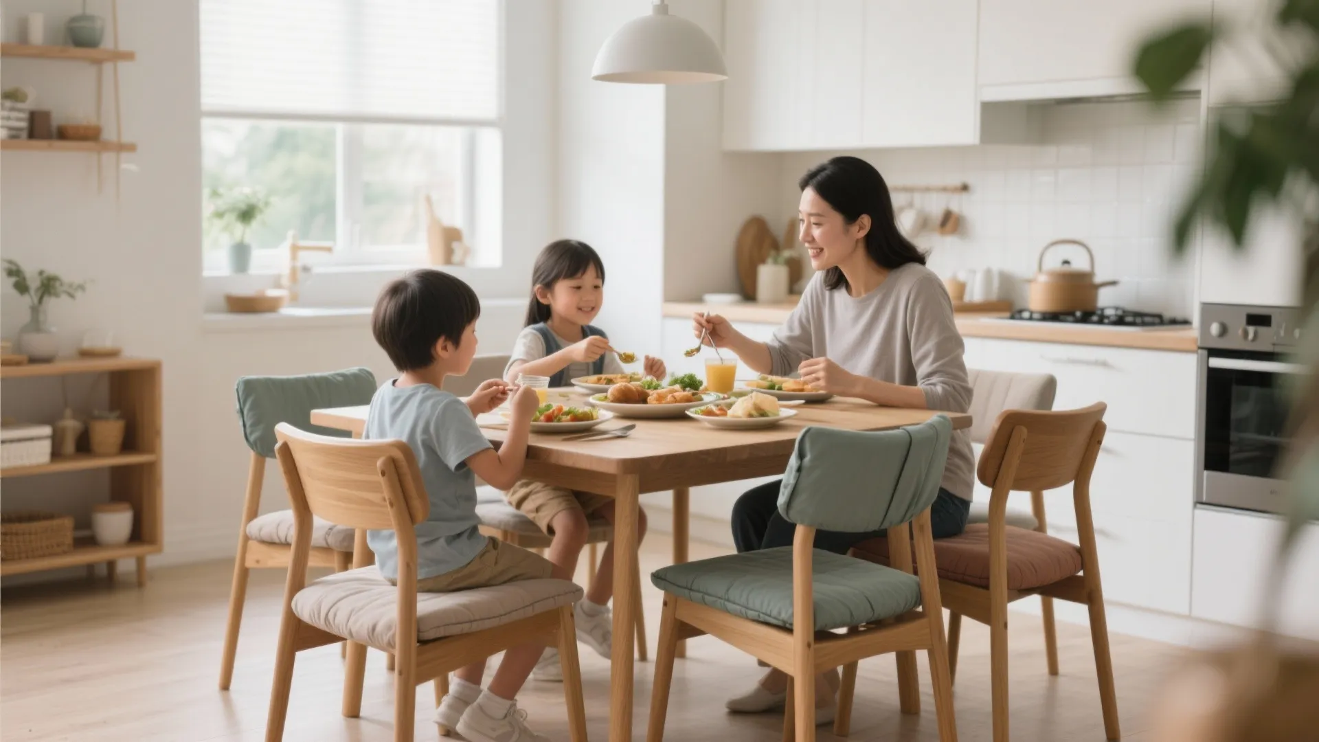 Family eating at a wooden dining table with green and pink padded chair seat cover protectors