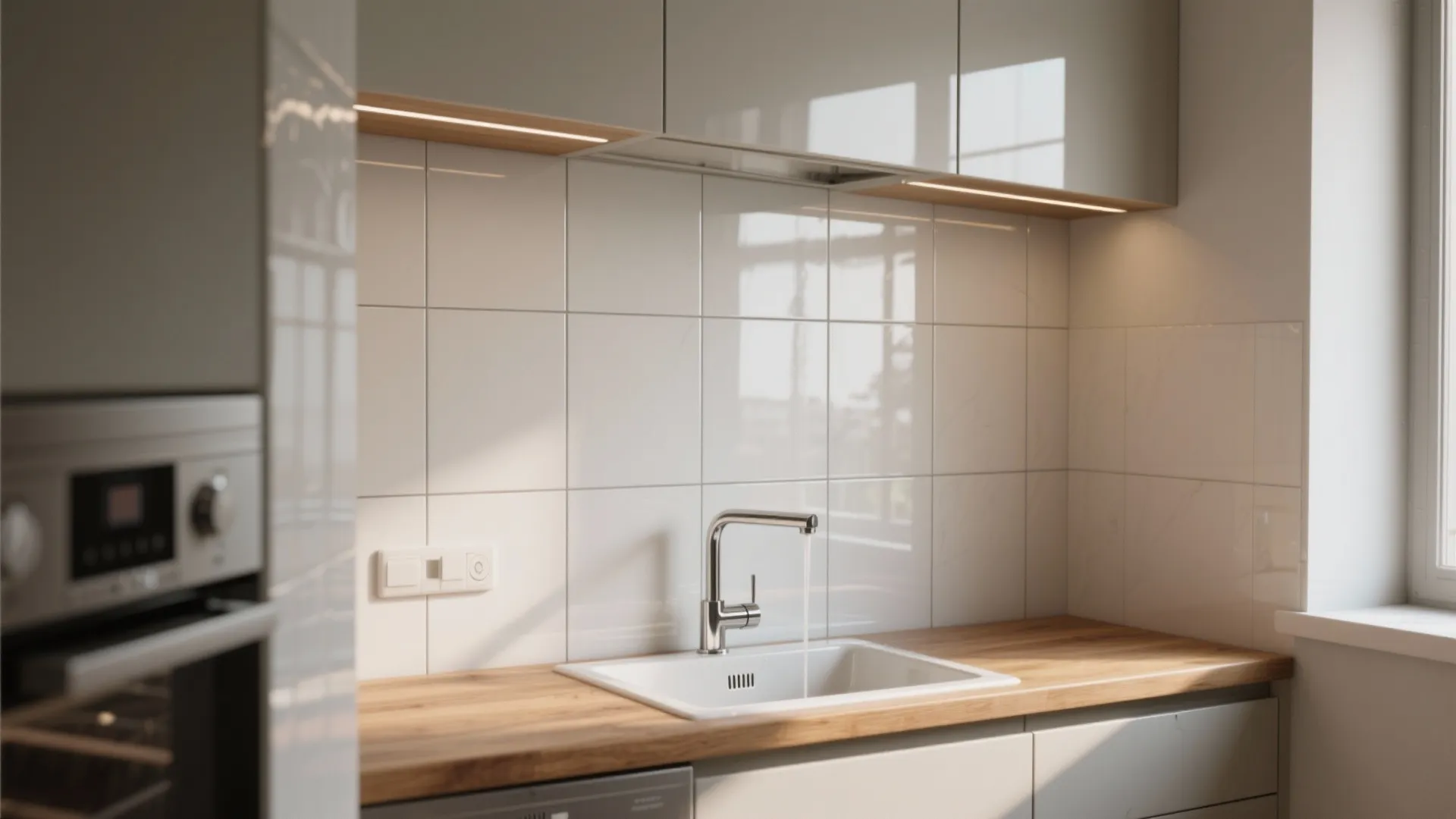 Modern kitchen with white tiles wood countertop and grey cabinets under warm led light fixtures