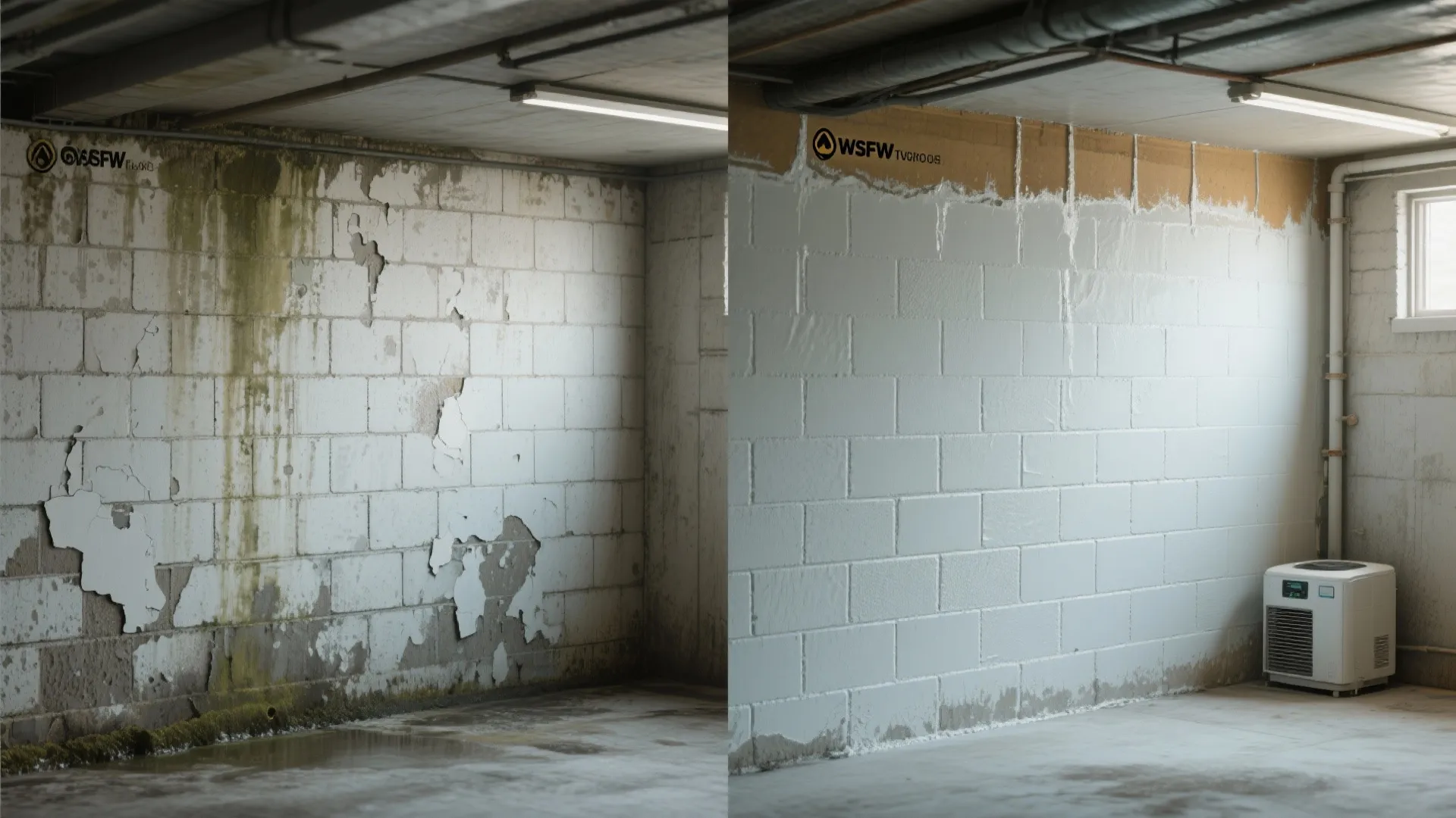 Before and after comparison of a moldy basement wall versus a clean painted white wall
