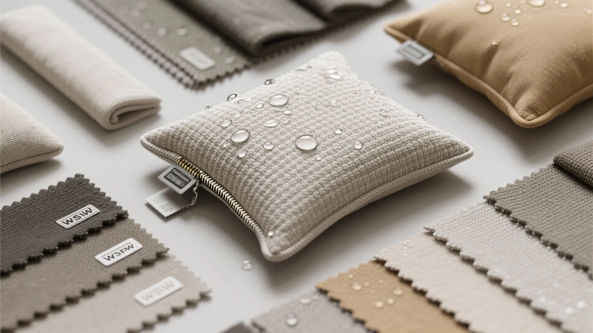 Small beige pillow with water droplets on top surrounded by various colorful fabric material sample pieces