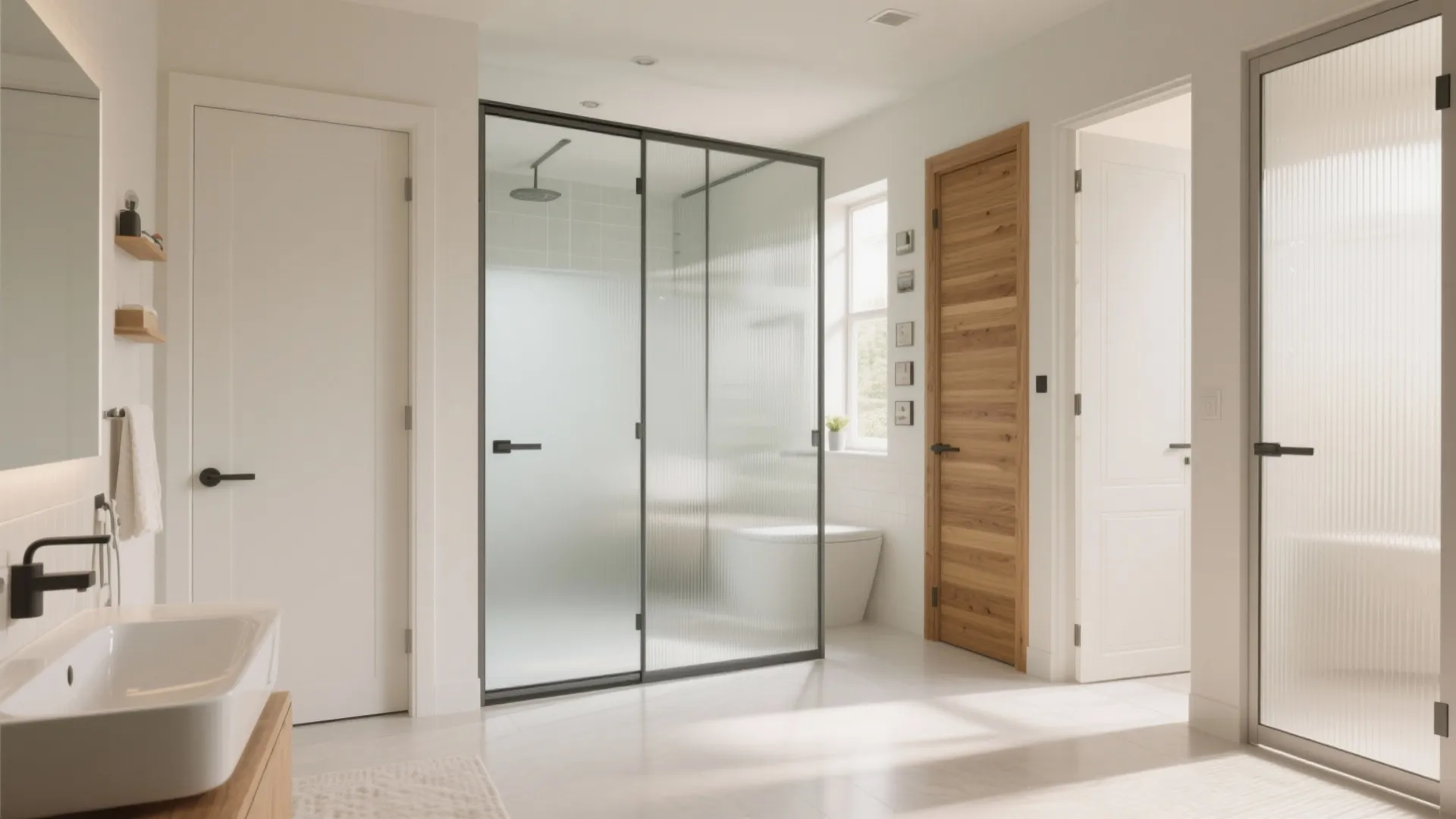 Bright bathroom interior with glass shower screen wooden door white sink and natural sunlight coming