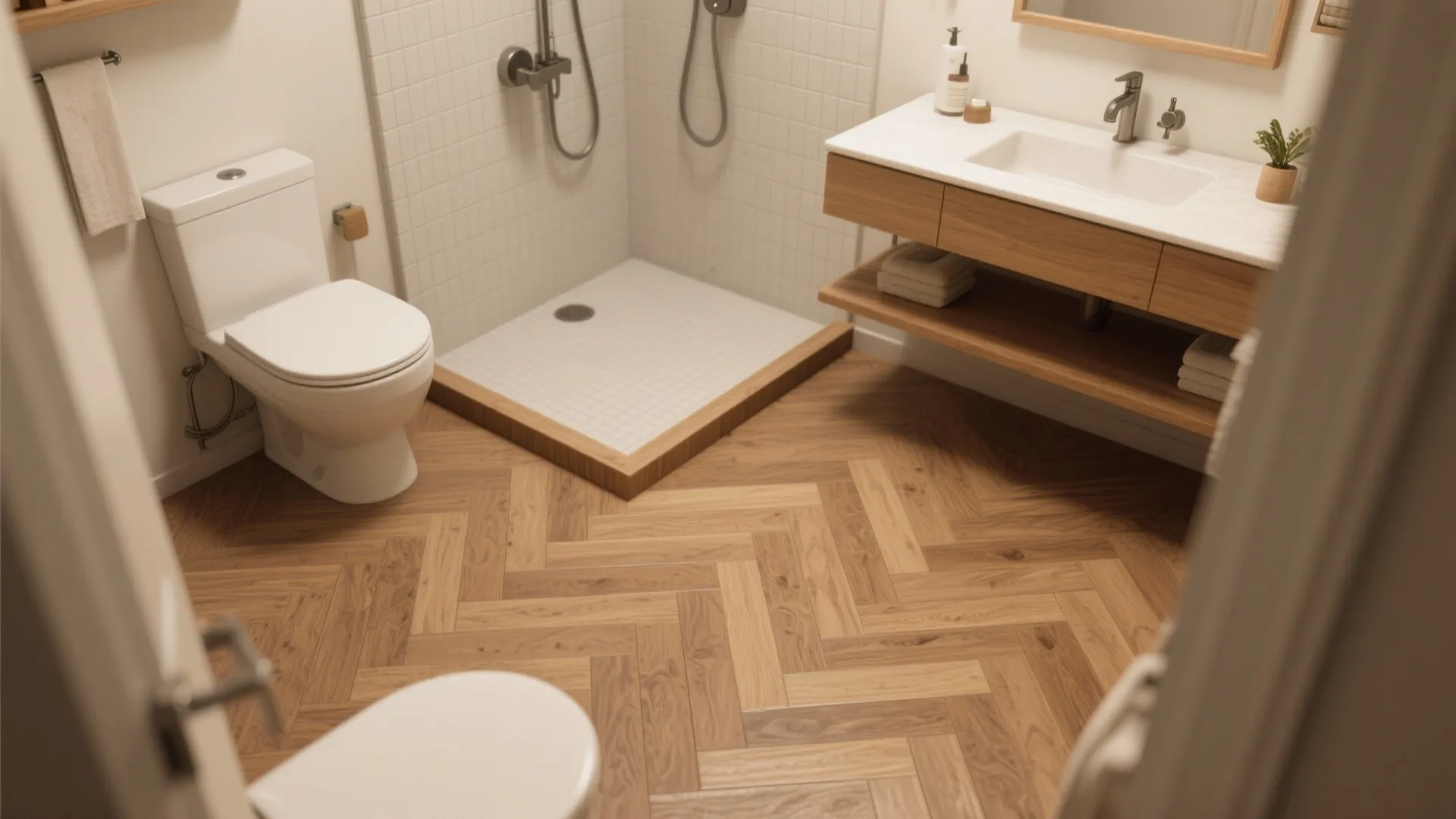 Modern bathroom with wood pattern floor tiles white toilet wooden cabinet and a glass shower