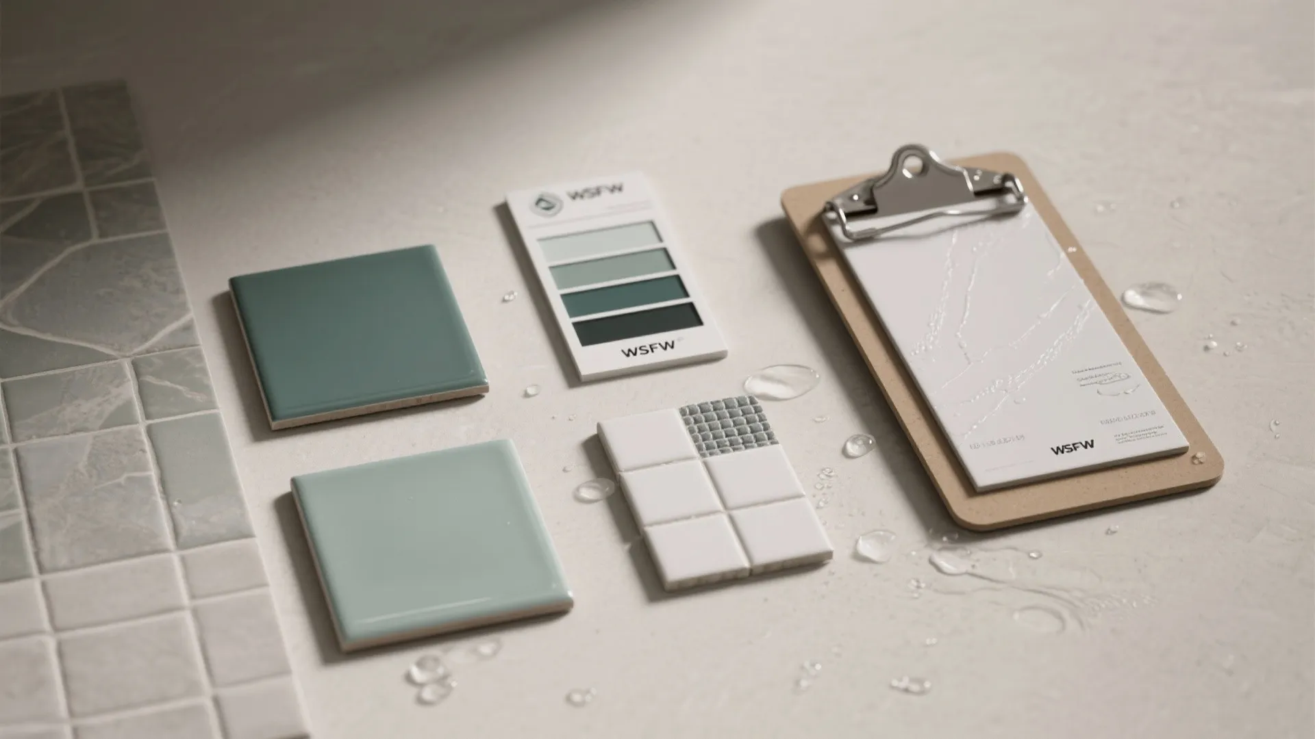 Flat lay of green tiles with color palette and clipboard showing waterproof bathroom interior design materials