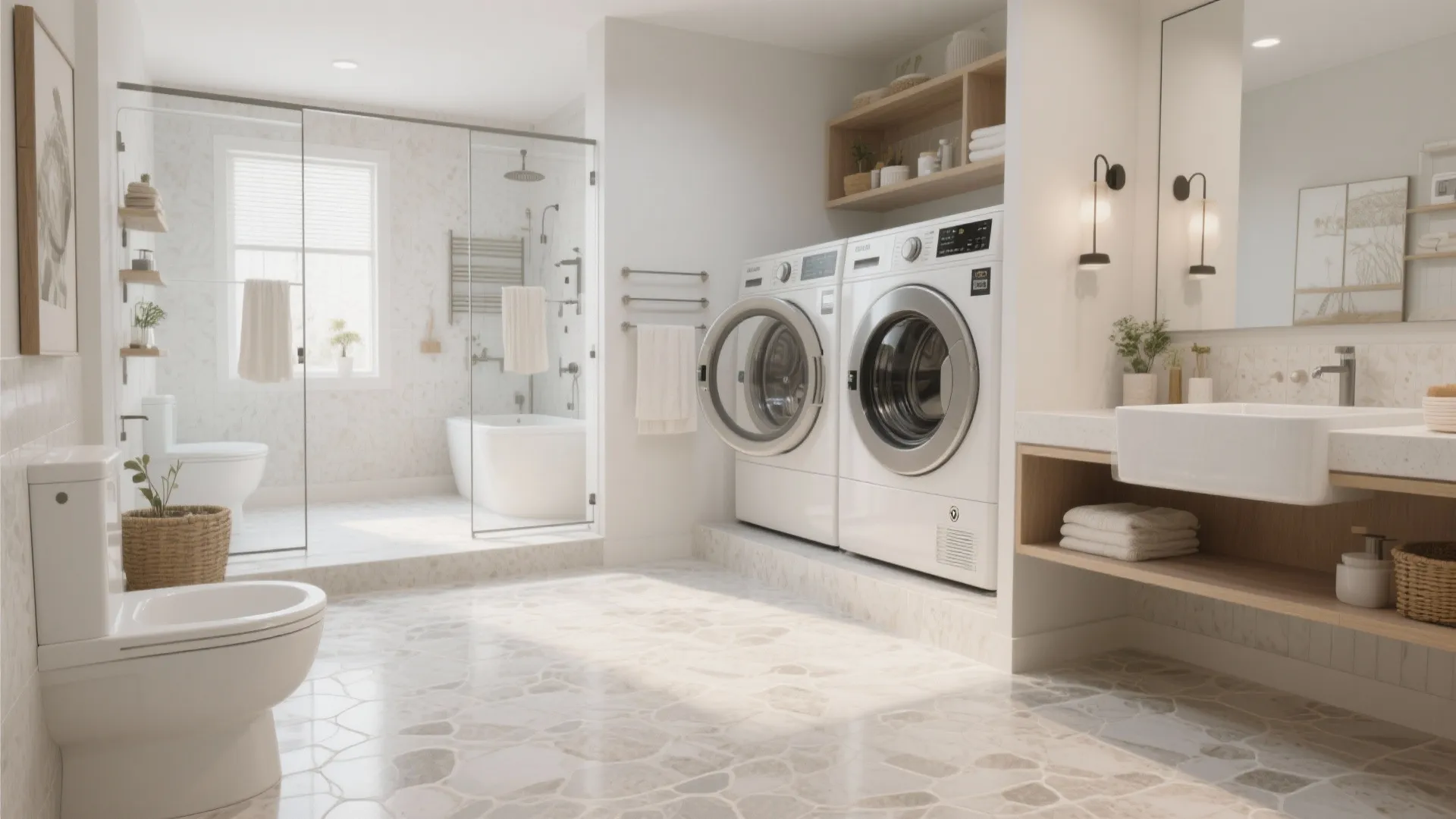 Seamless waterproof flooring in bathroom-laundry combination
