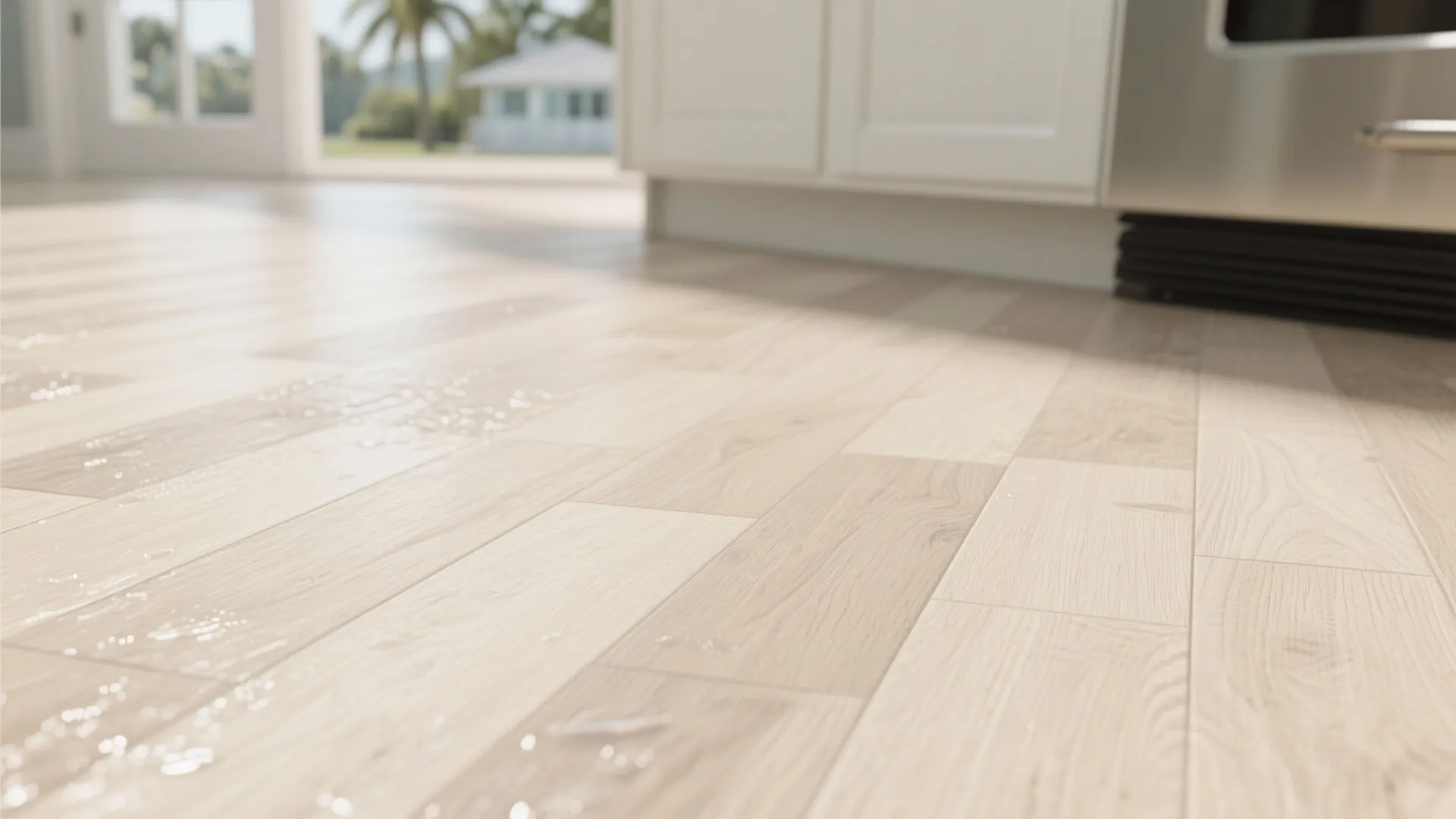 Pale sandy wood tone water-resistant flooring