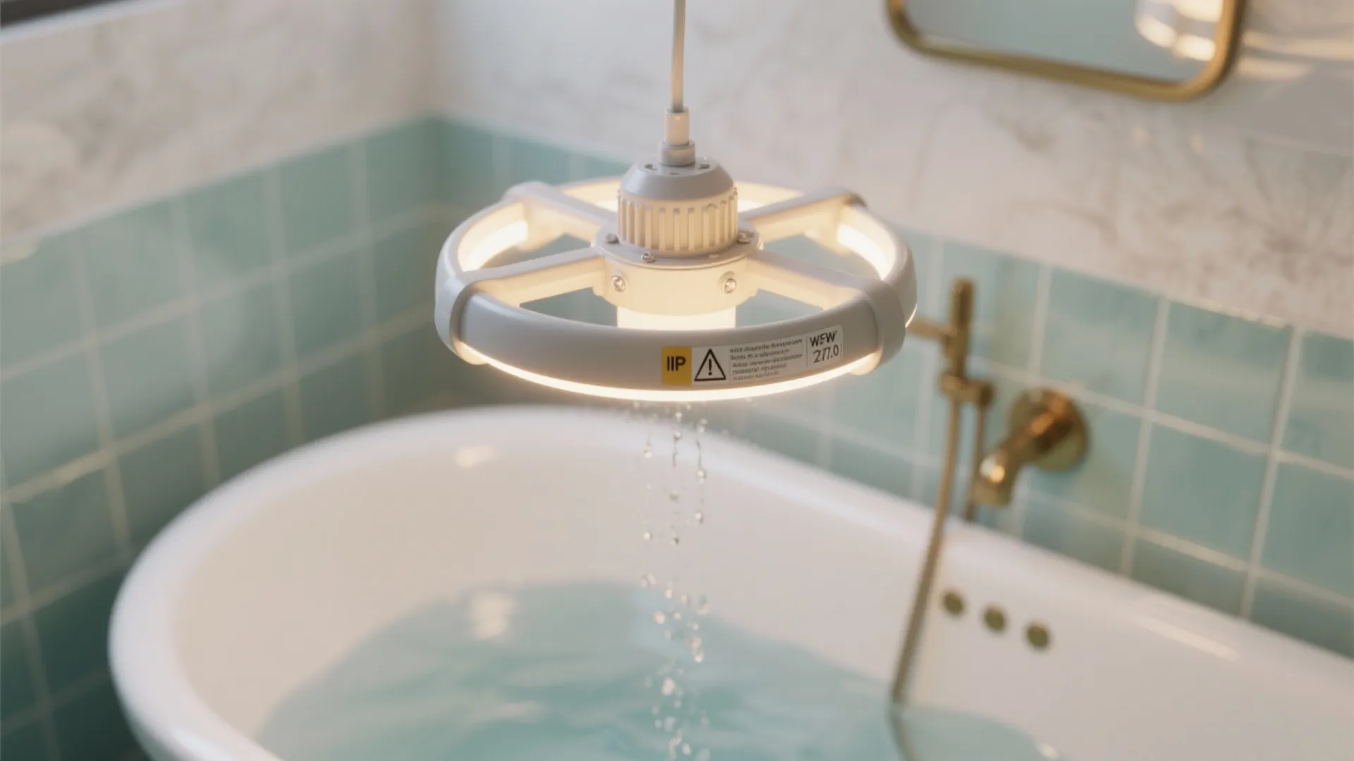 IP-rated LED mini chandelier above a freestanding tub in a spa-like wet-zone bathroom.