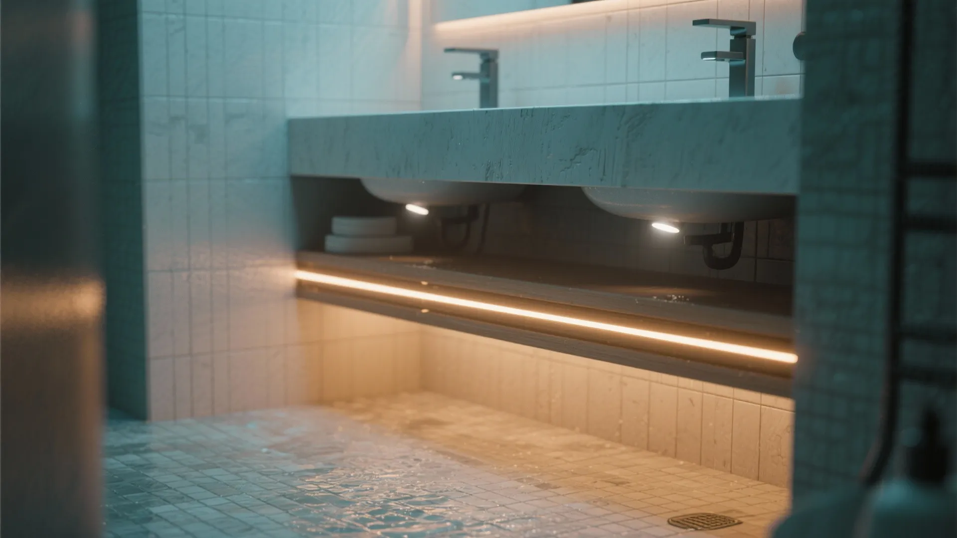 4. Waterproof downlight + linear LED strip under cabinet