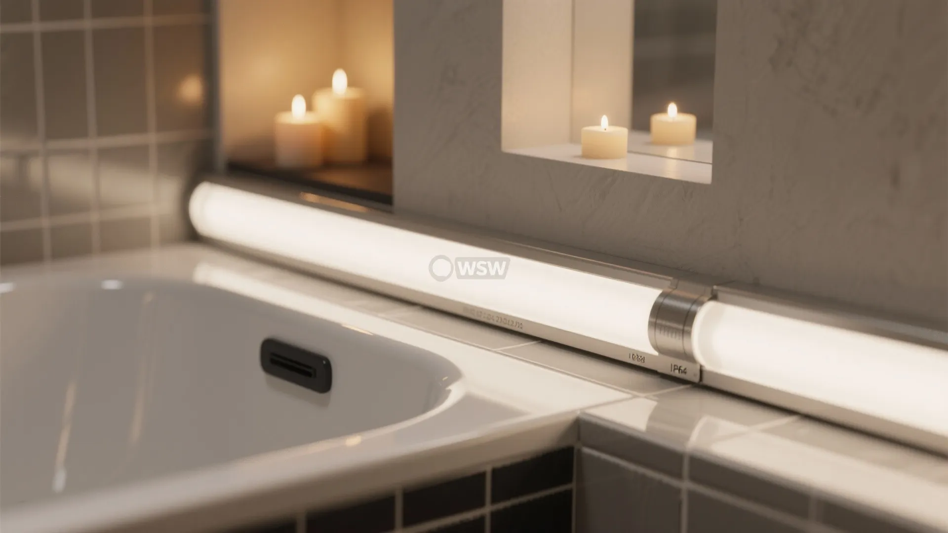 Modern bathroom with white bathtub, long tube light fixture, decorative candles, and grey tiled walls