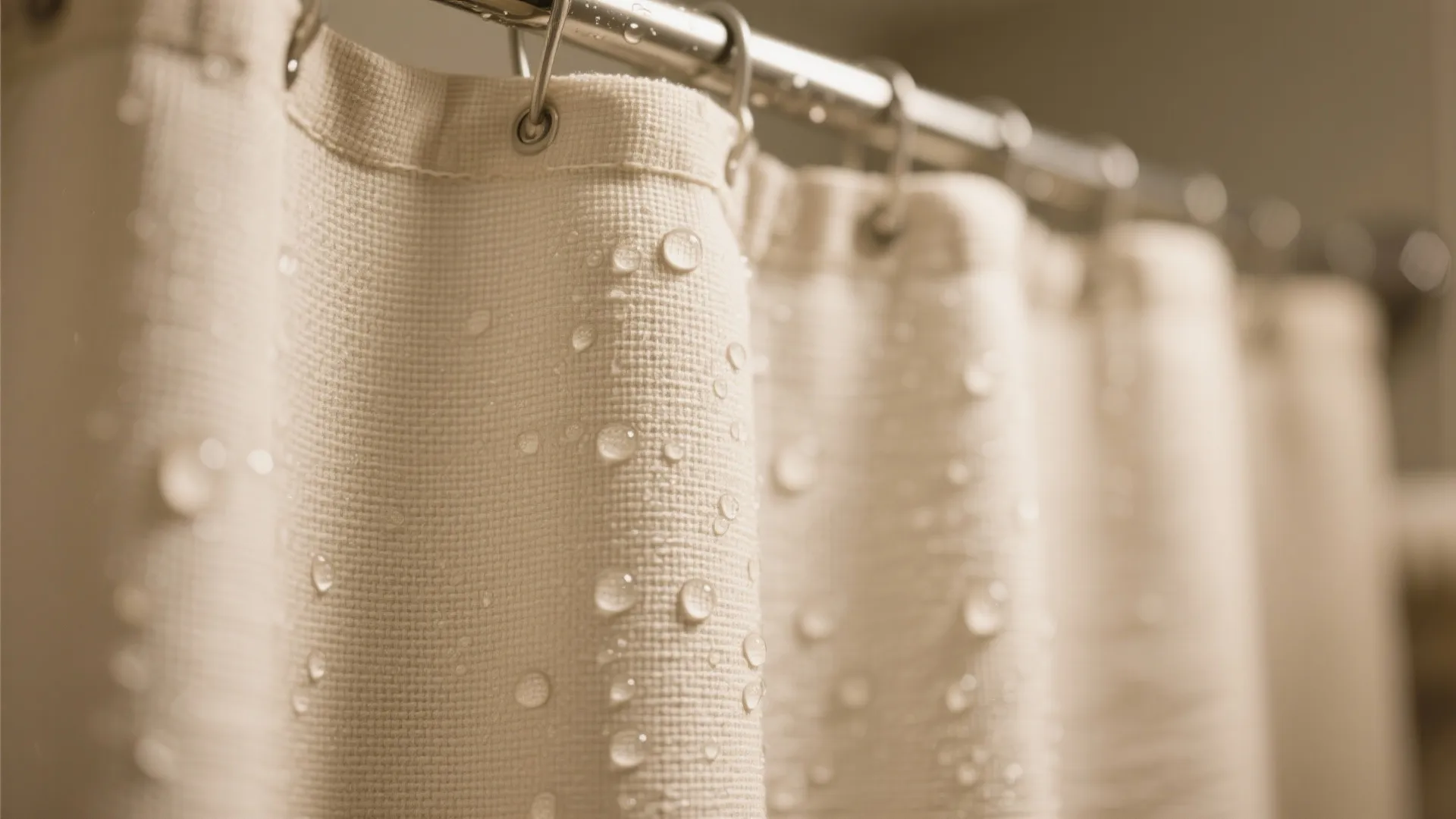 Close up of beige fabric curtain with water drops hanging on a metal shower rod