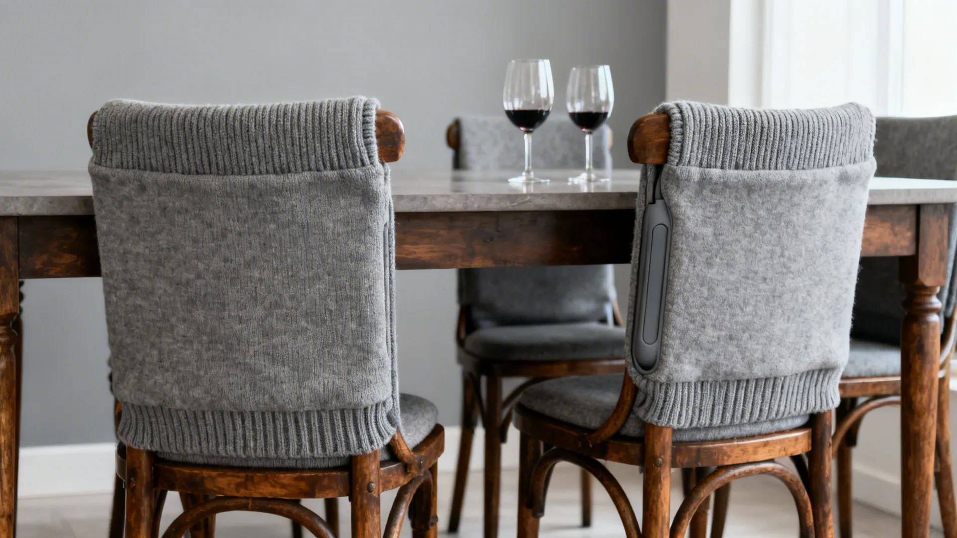 Dining chairs with matte waterproof protectors in neutral gray set around a vintage oak table.