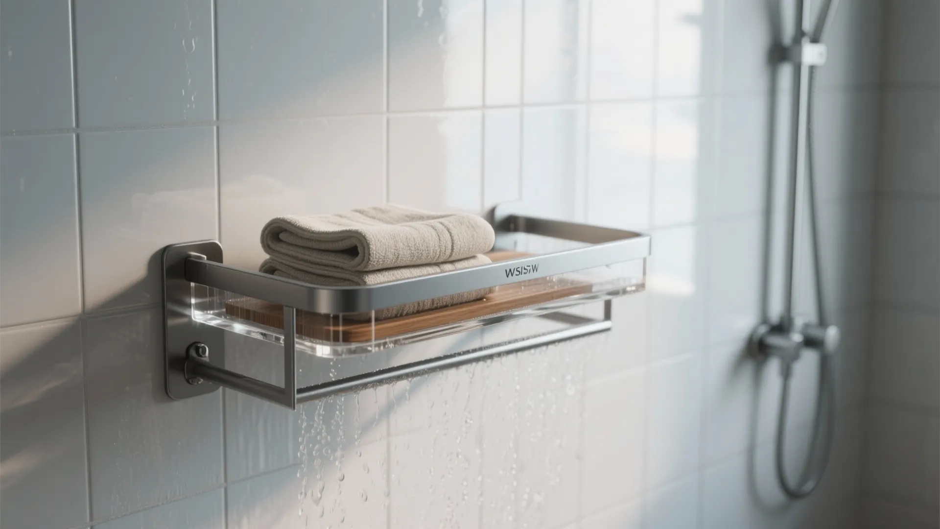 Powder-coated metal and acrylic shelf near a shower, showing water-resistant, low-maintenance styling with wood accents.