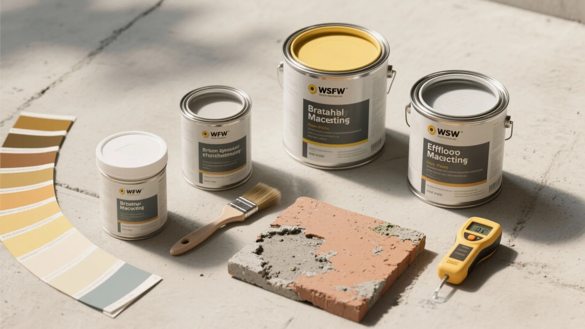 Top-down view of breathable masonry and epoxy paint cans, swatches, and tools for choosing waterproof paint.