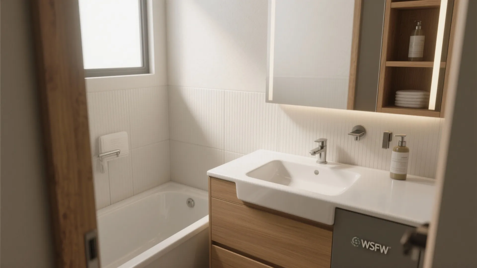 Modern bathroom with white sink wooden cabinet mirror cabinet bathtub white wall tiles and natural light