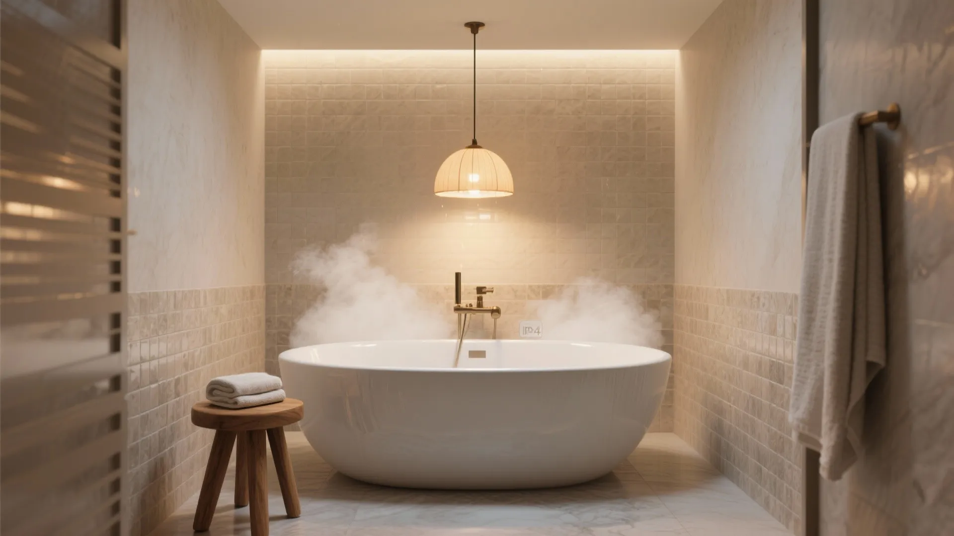White bathtub with steam in a tiled bathroom under a warm light and wooden stool
