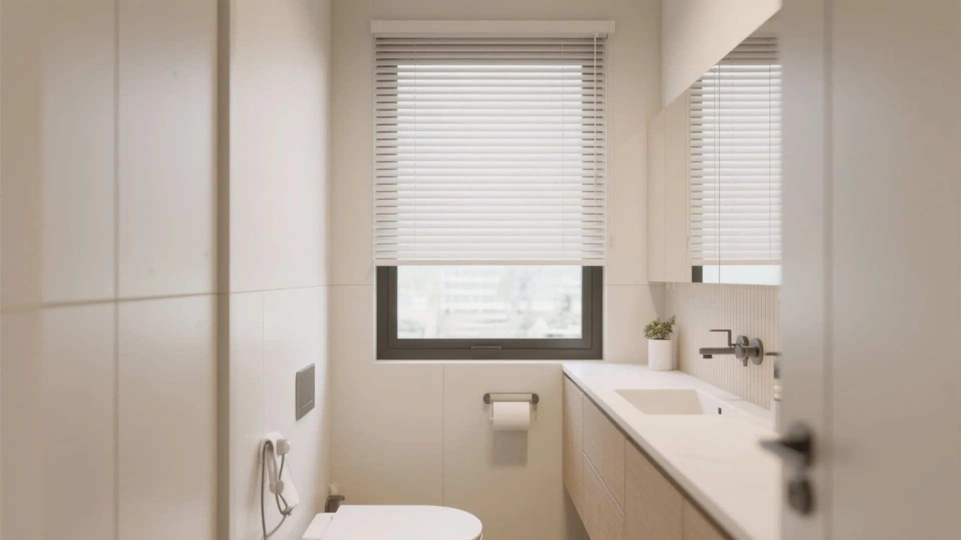 Small white bathroom with horizontal window blinds above a toilet and wooden vanity with sink