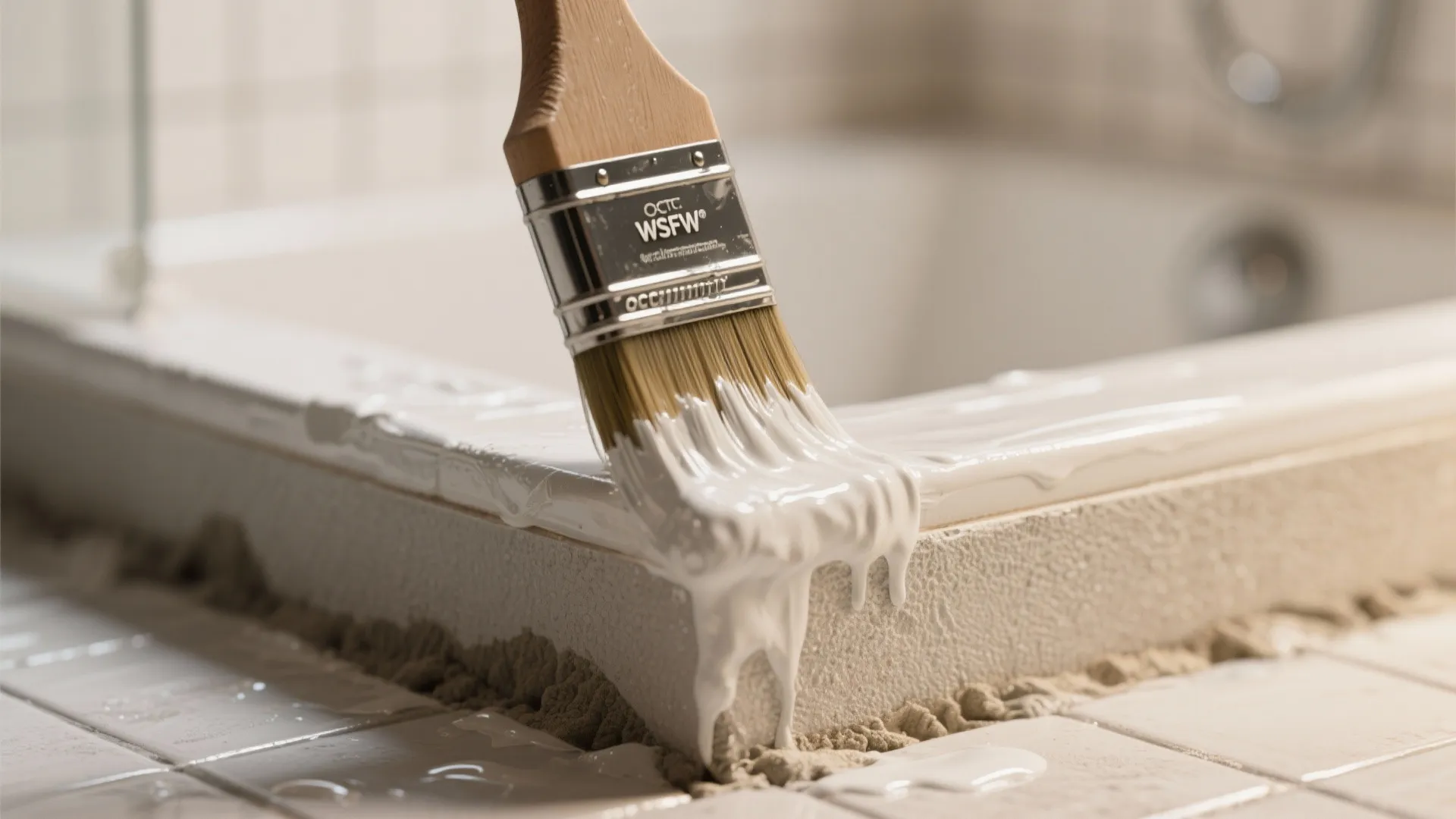 Wooden handle paintbrush applying thick white waterproof primer to the edge of a white bathtub