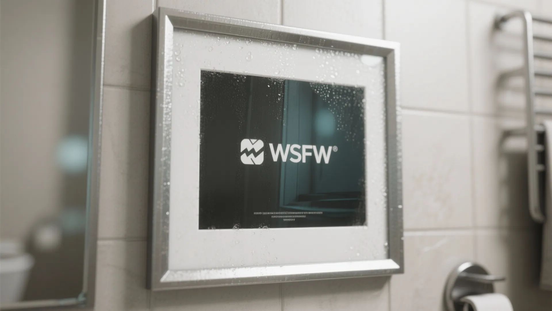 Close-up of a matte waterproof print in a slim metal frame on a bathroom wall