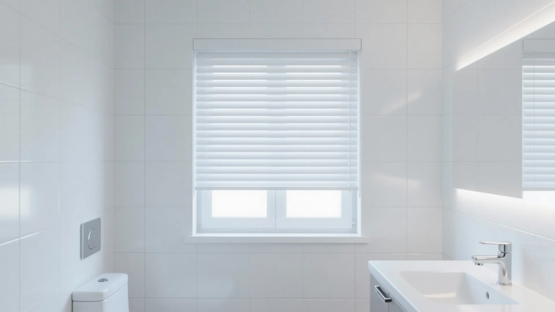 Clean white tiled bathroom featuring a window with horizontal blinds sink and simple wall mirror