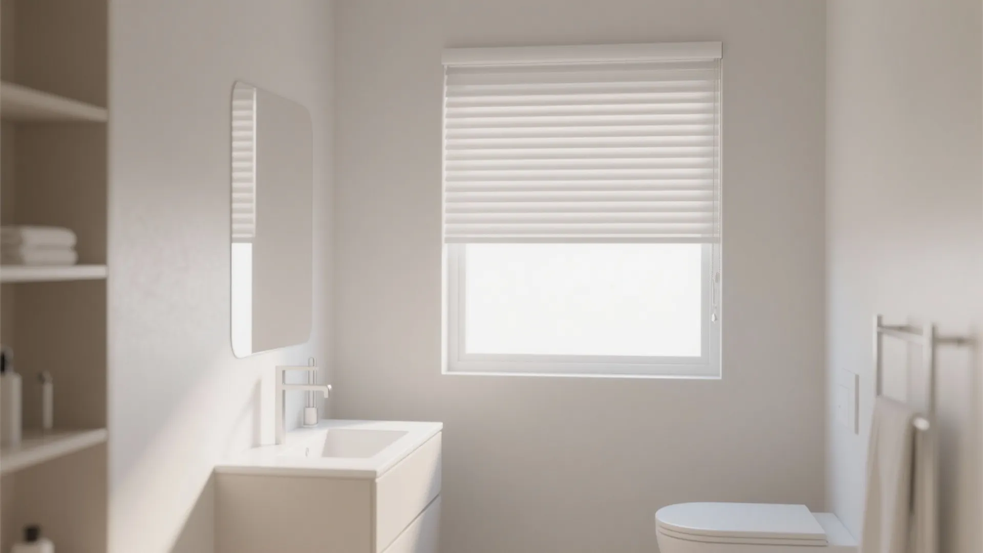 Bright white bathroom featuring window roller blinds vanity sink mirror toilet and a towel rack