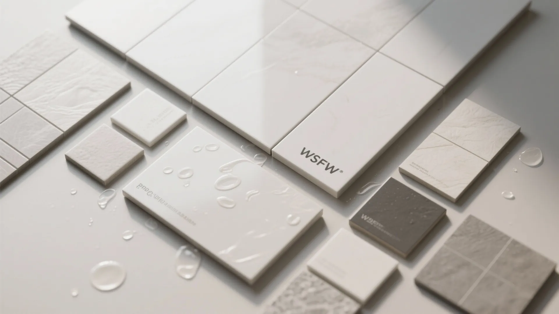 Flatlay of water-resistant tile and wall panel samples with minimal grout