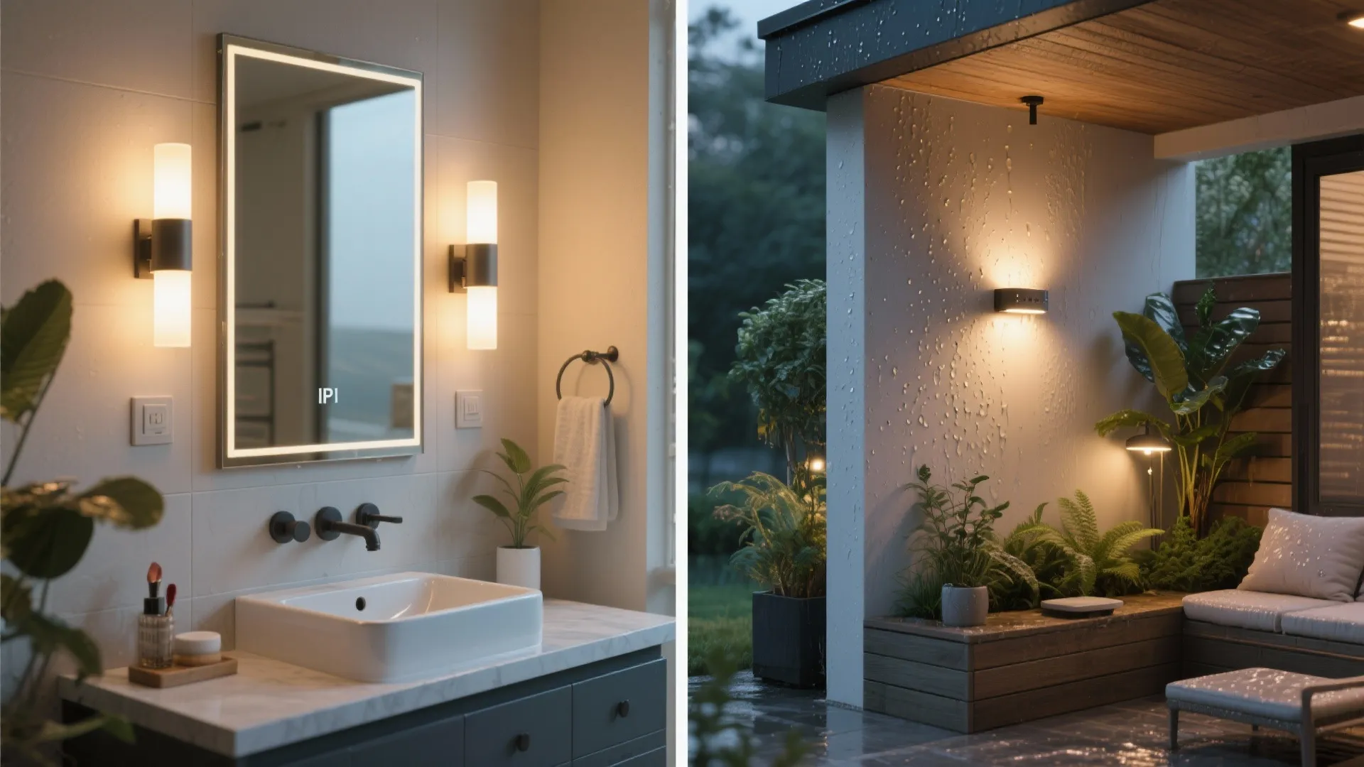 Modern bathroom with lit wall light beside mirror and outdoor patio with waterproof wall light