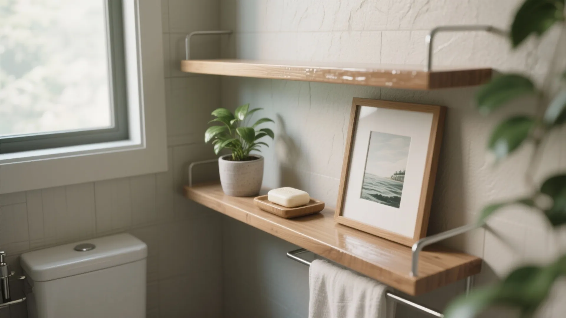 1. Waterproof Floating Shelves with Curated Accents