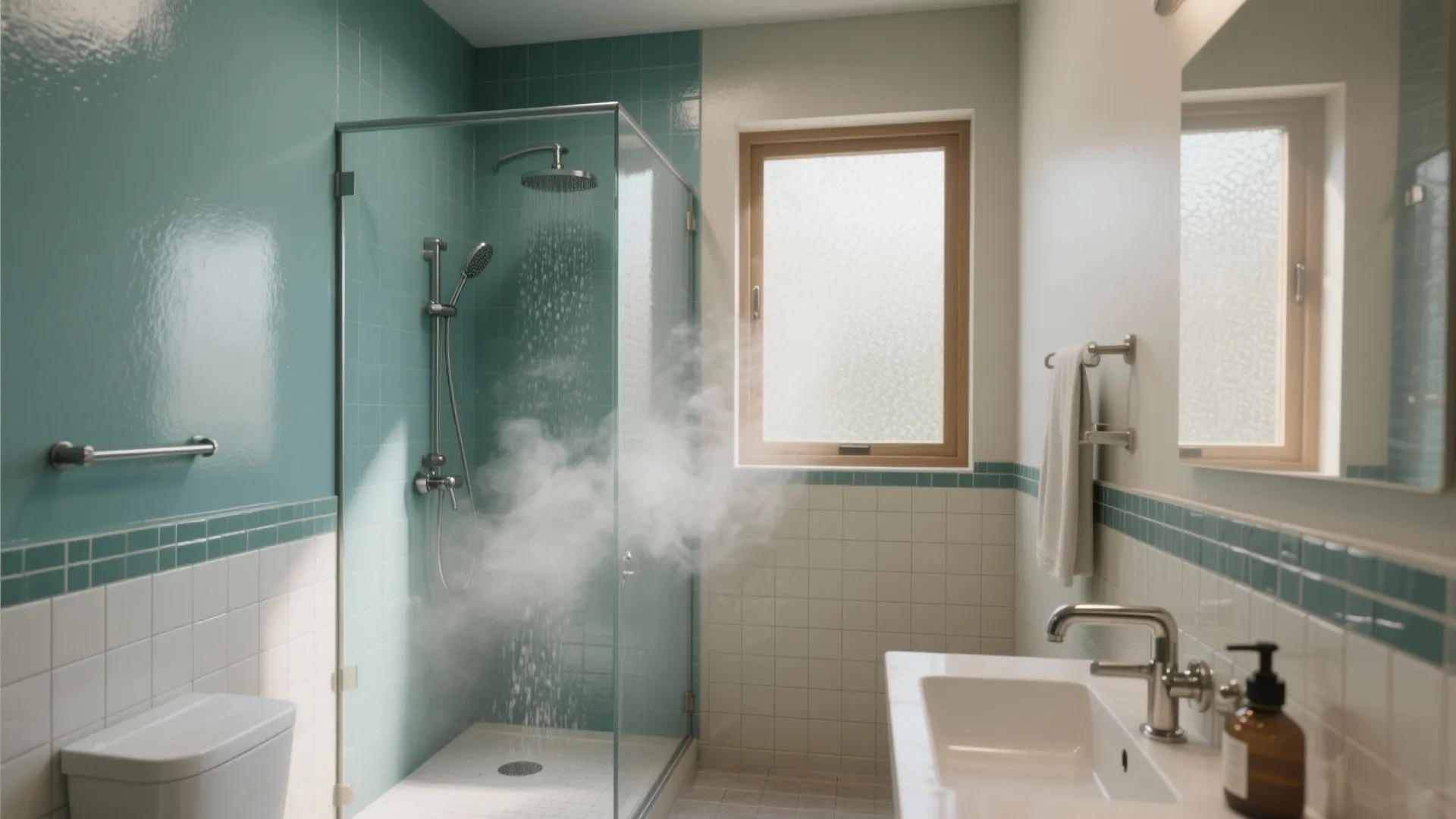Modern bathroom with steam in glass shower stall teal tiles white sink and wooden window