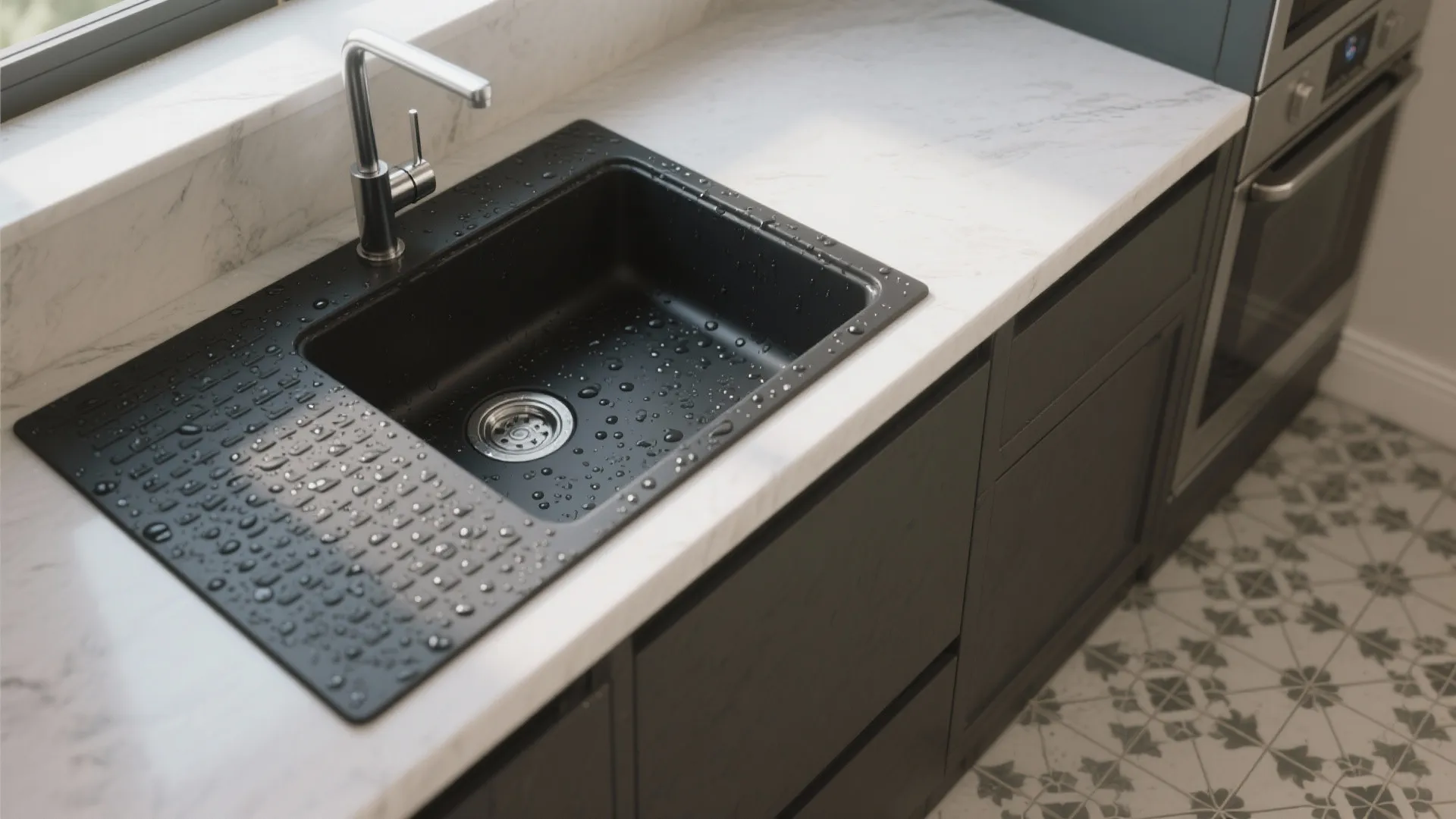 Black kitchen sink with water drops on white marble countertop and modern silver faucet fixture