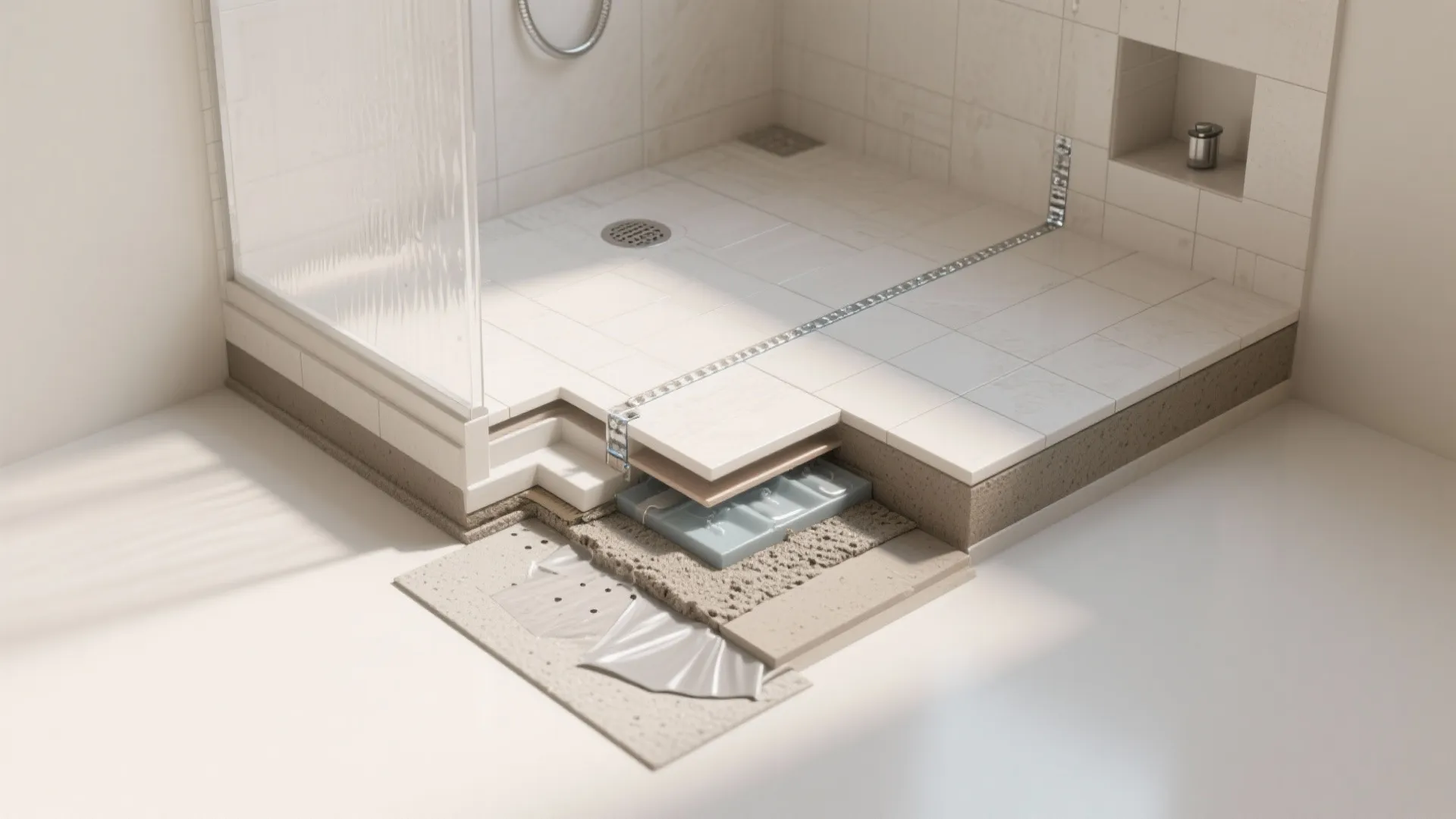 Interior design drawing showing layers of shower floor construction with tiles drain and waterproofing materials
