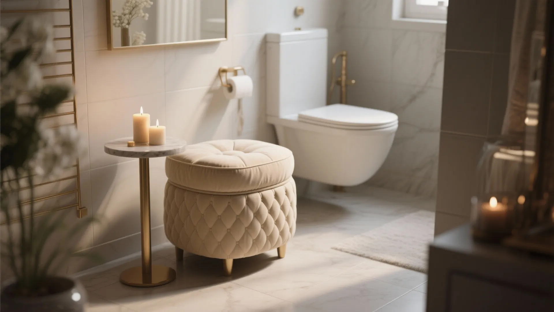 Luxurious bathroom with cream colored footrest beside a small marble table and a white toilet