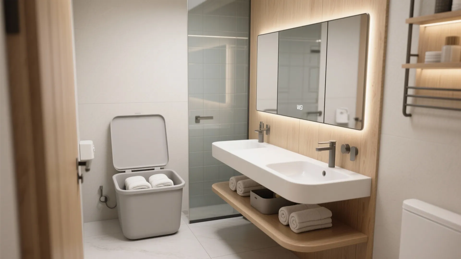 Minimal matte waterproof storage stool beside a floating vanity in a small bath.