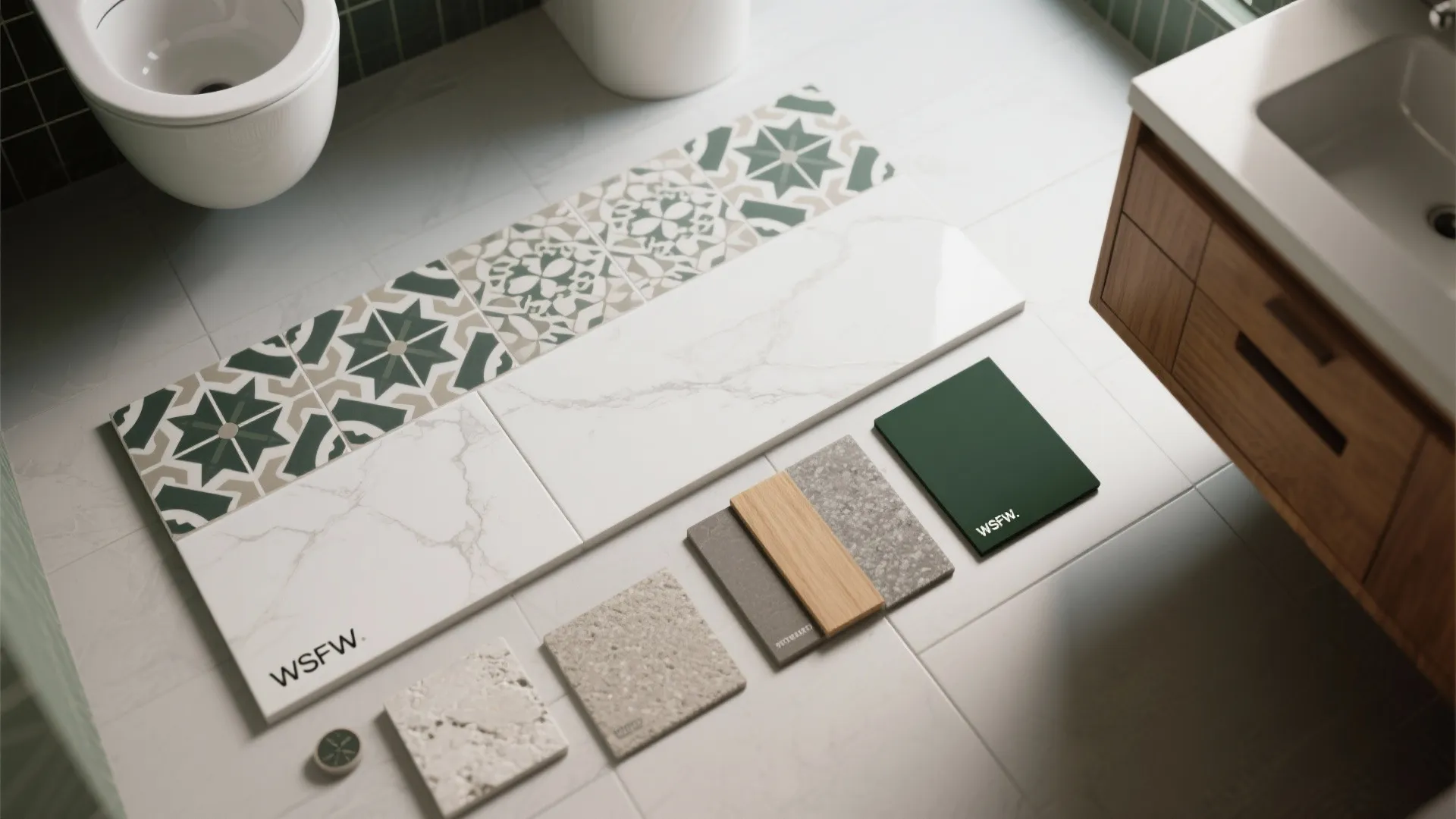 Collection of various bathroom floor tiles and green color samples displayed on a white floor