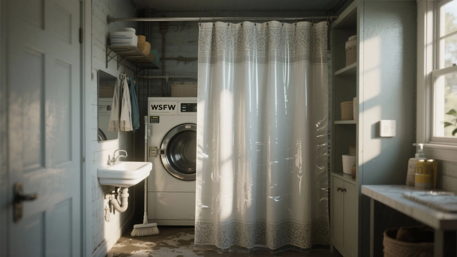 Utility room featuring washing machine behind patterned curtain small sink cabinet window and natural light