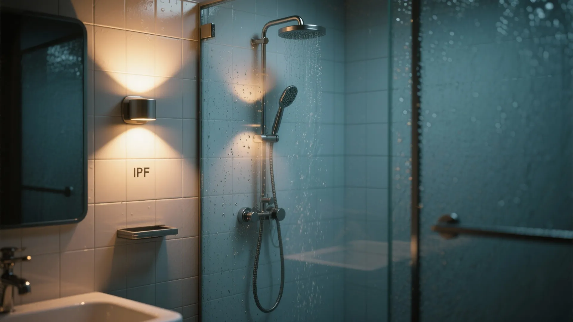 Modern bathroom shower area with a silver wall light white tiles and a glass door