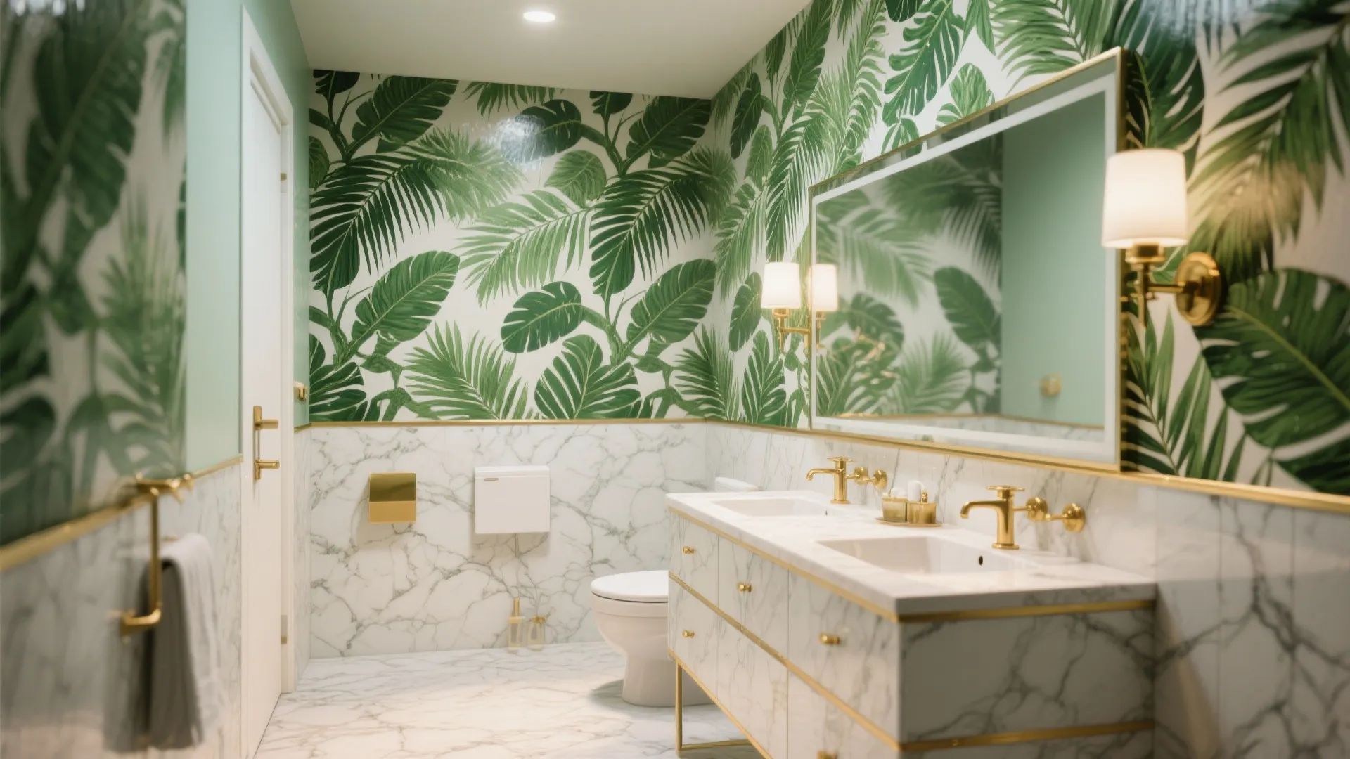 Luxury bathroom featuring tropical leaf wallpaper marble tiles gold faucets white cabinet and round wall light