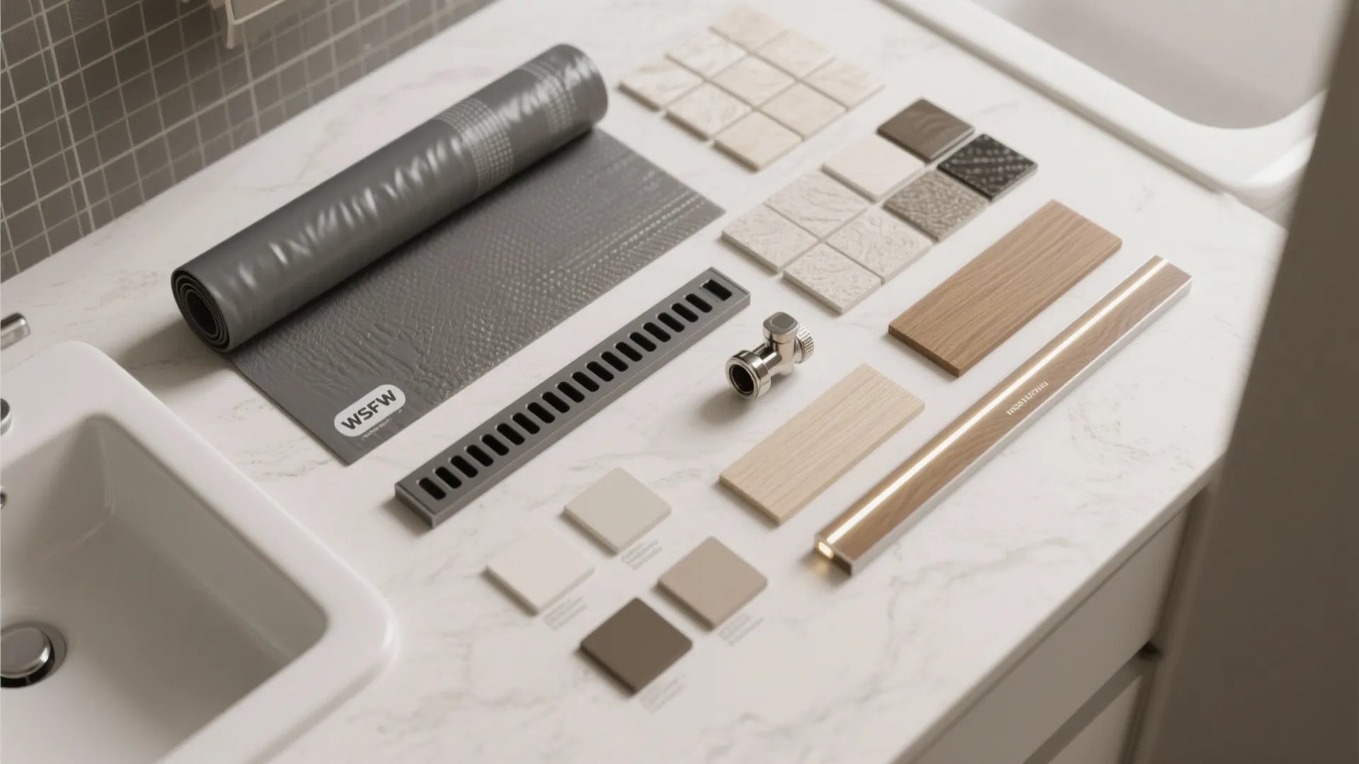 Flatlay of waterproofing materials, tile samples and plumbing components for budgeting a small bathroom project.