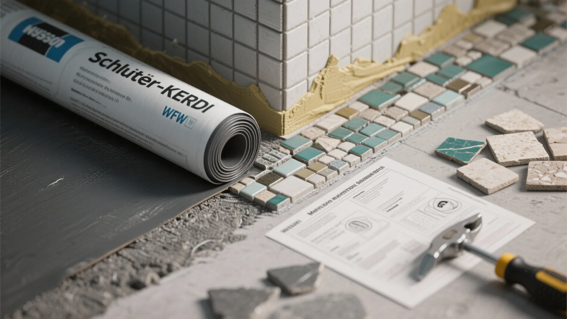 Macro view of waterproofing membrane and tile samples illustrating correct niche waterproofing for a shower.