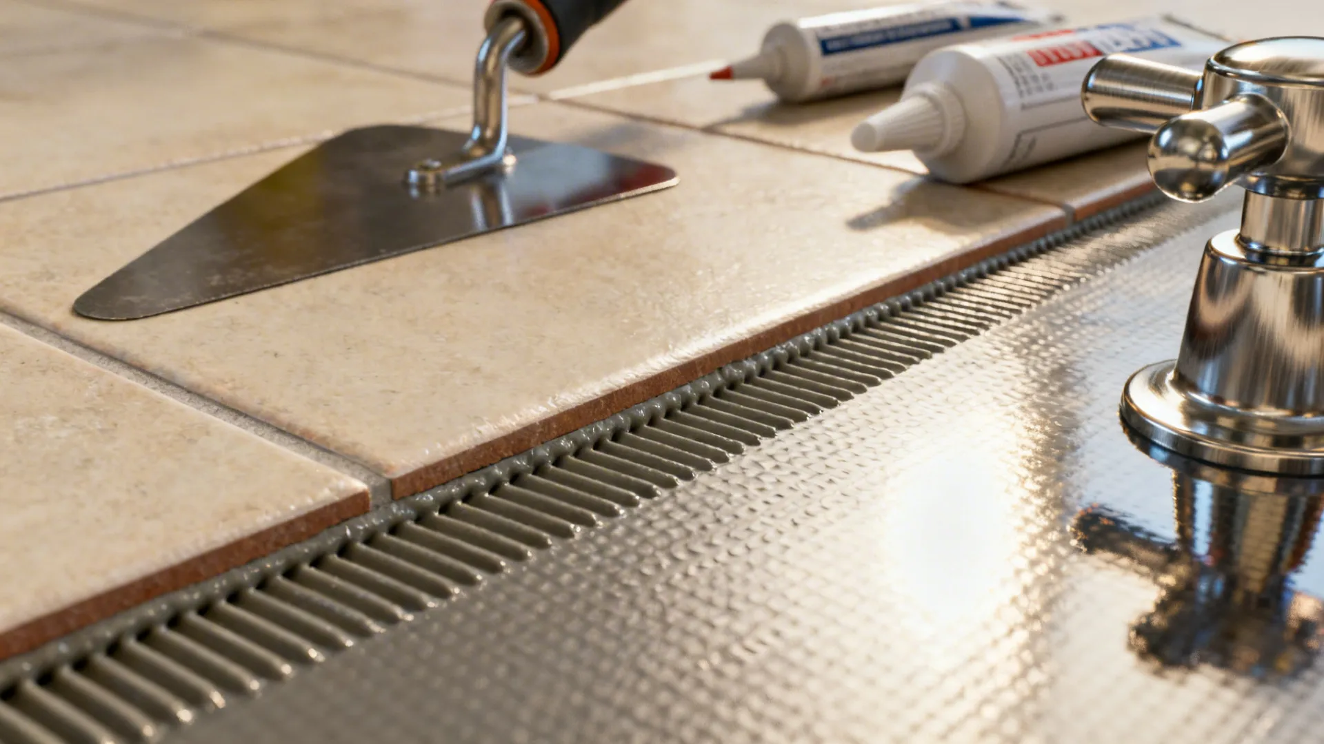 Close-up of waterproofing membrane and precise tile slope details for a wet room.