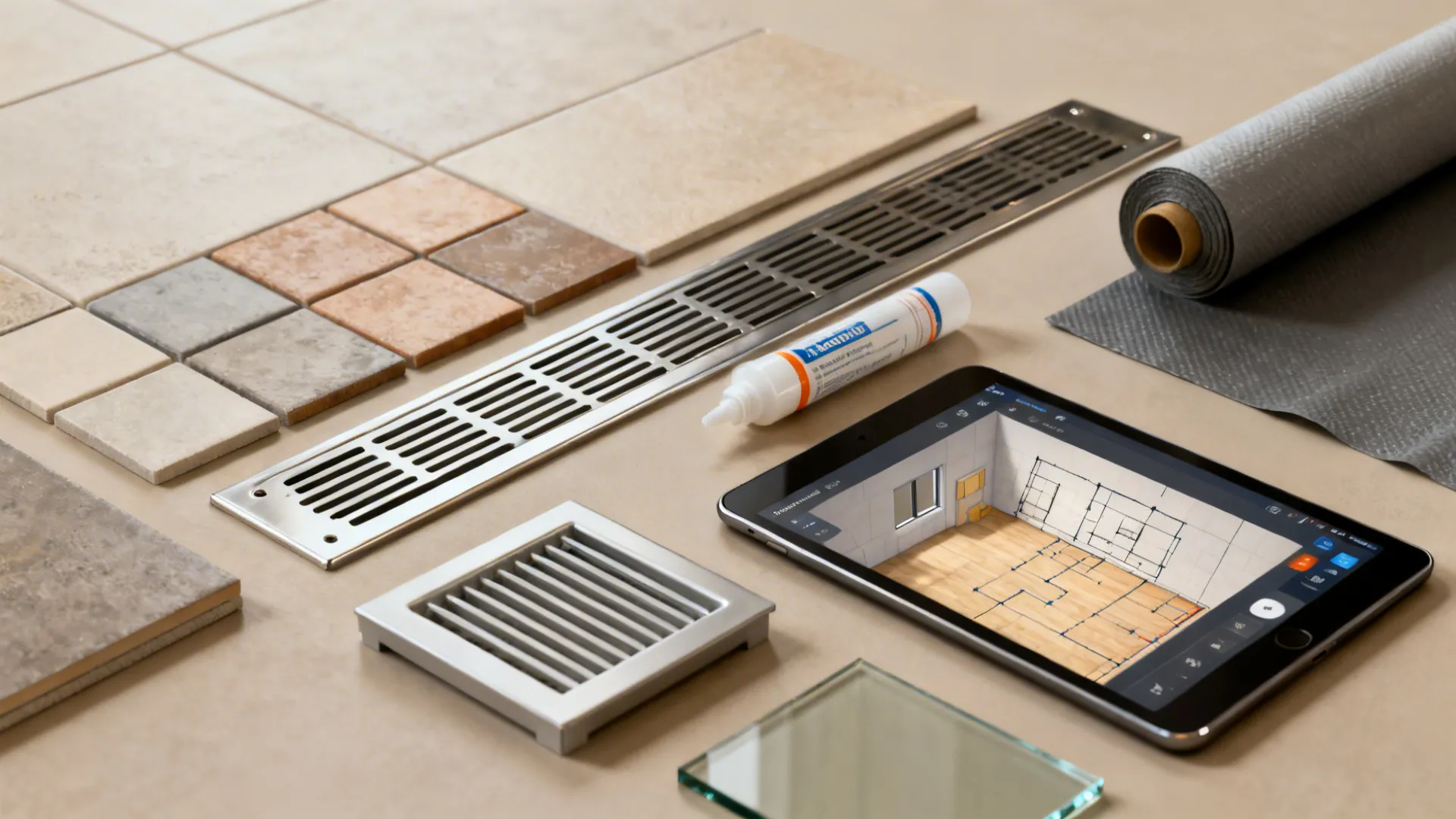Flatlay of waterproofing materials, linear drain sample, and a tablet with a 3D floor planner.