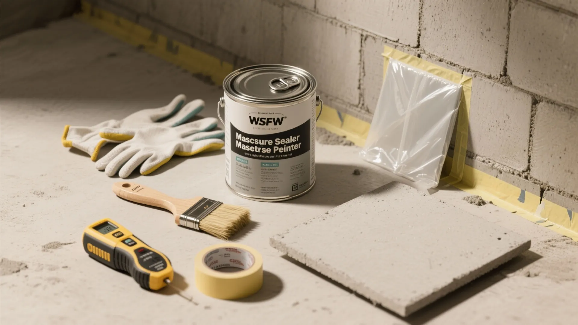 Waterproofing tools on concrete floor including paint can, brush, gloves, tape, and electronic measuring device