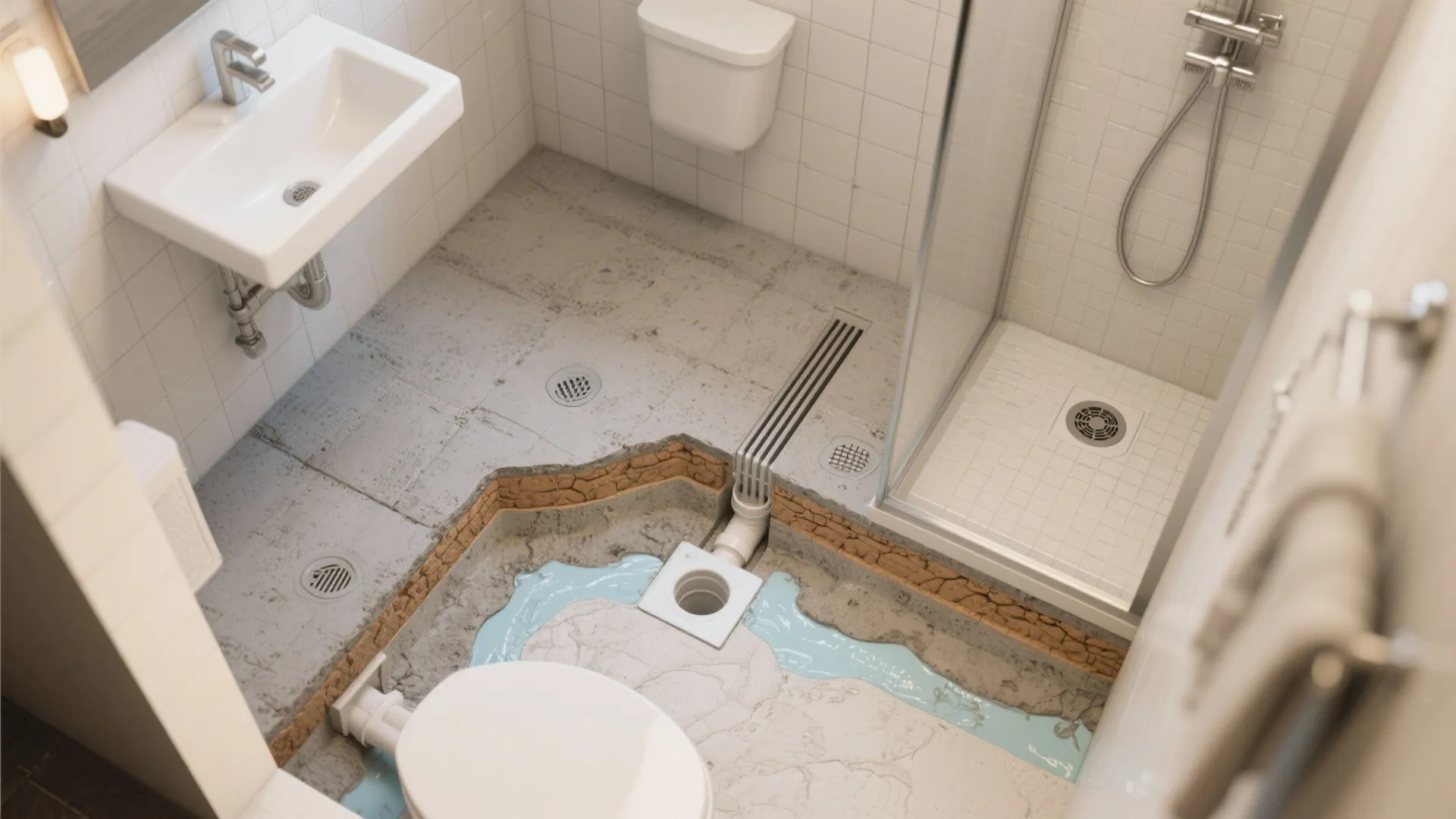 Cross section showing bathroom floor waterproofing layers with pipes sink toilet and glass shower door area