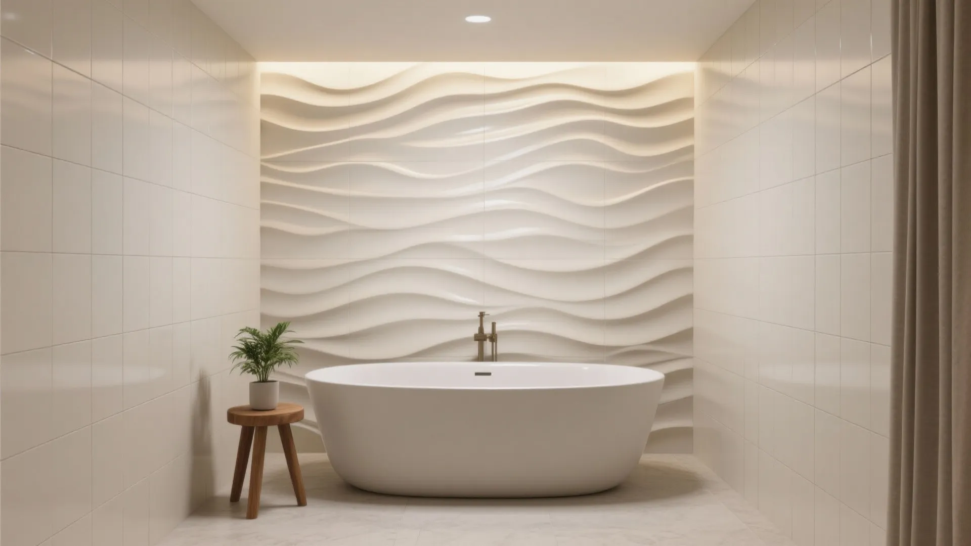 Minimalist bathroom featuring white bathtub, wavy wall panel, small wooden stool, plant, and warm lighting