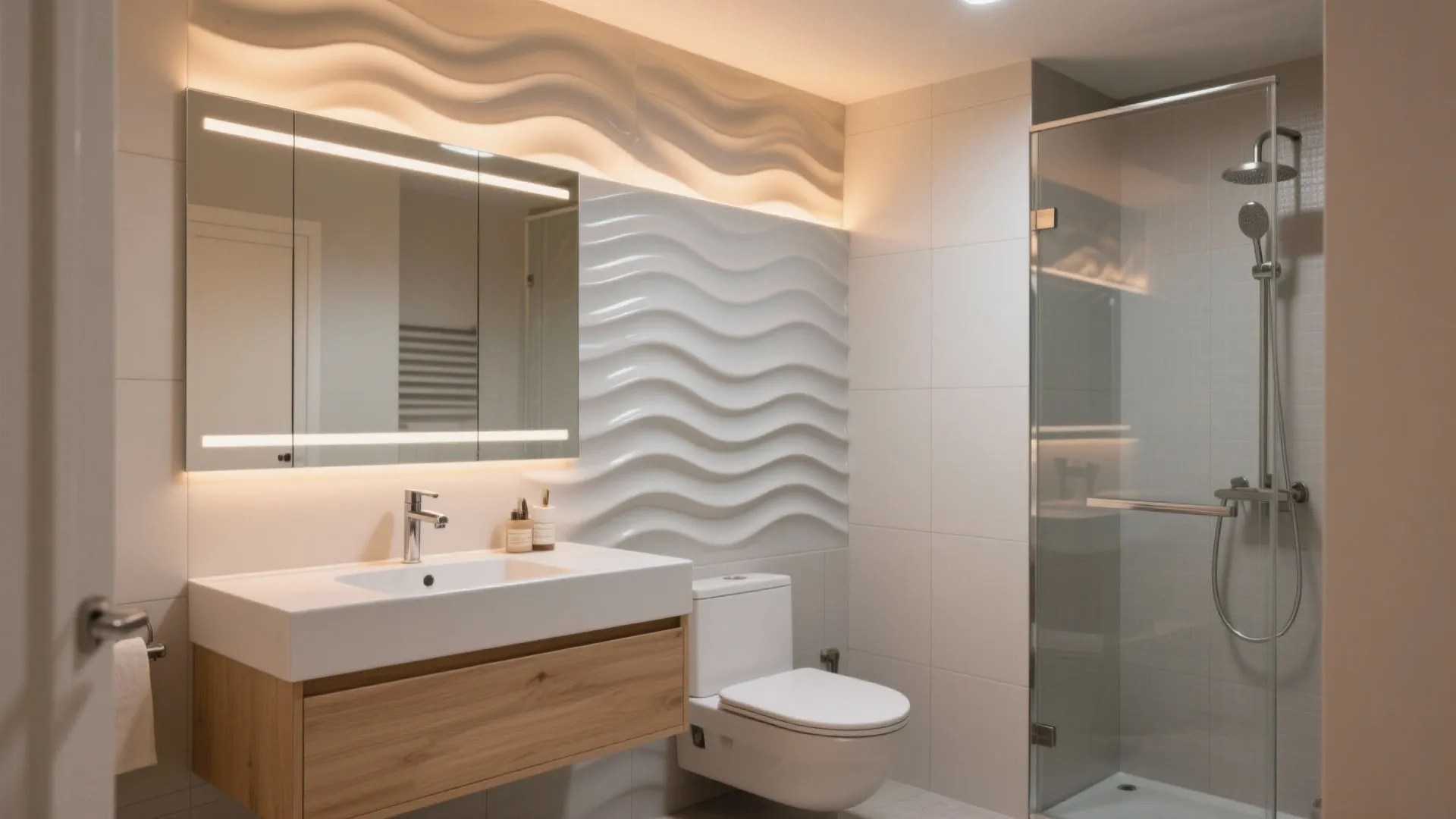 Modern bathroom with wave wall panel lighted mirror white sink wooden cabinet toilet and shower