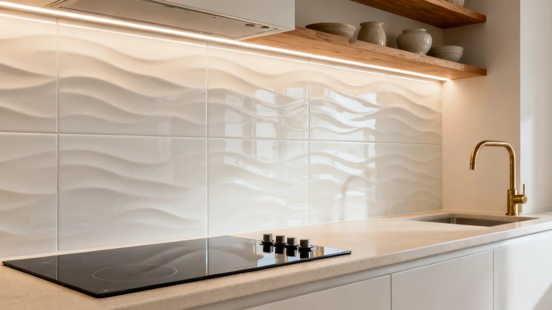 Range wall with large-format wave-textured porcelain panels in warm white.