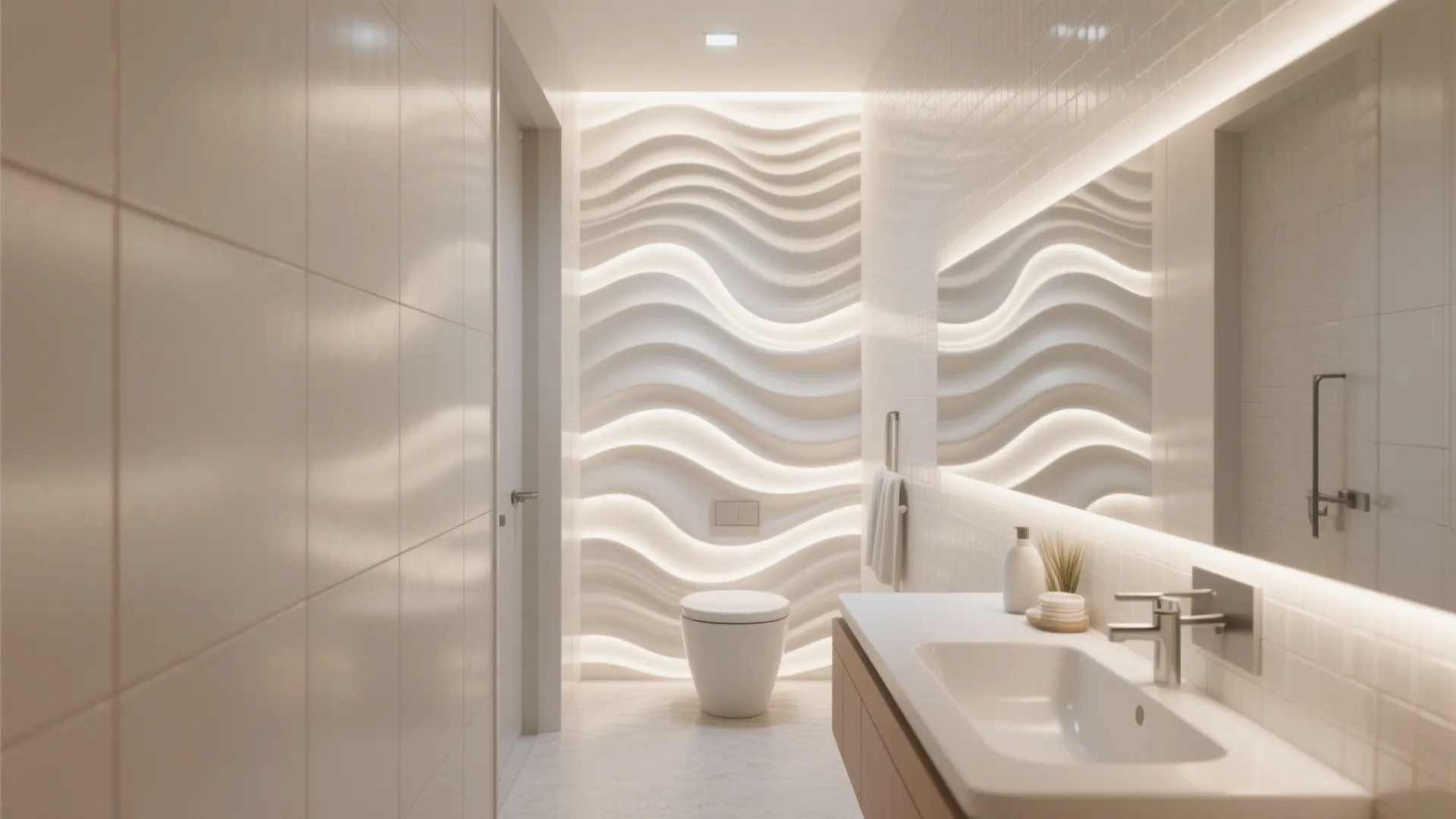 Modern bathroom with white wave wall panel toilet white sink mirror and soft warm light