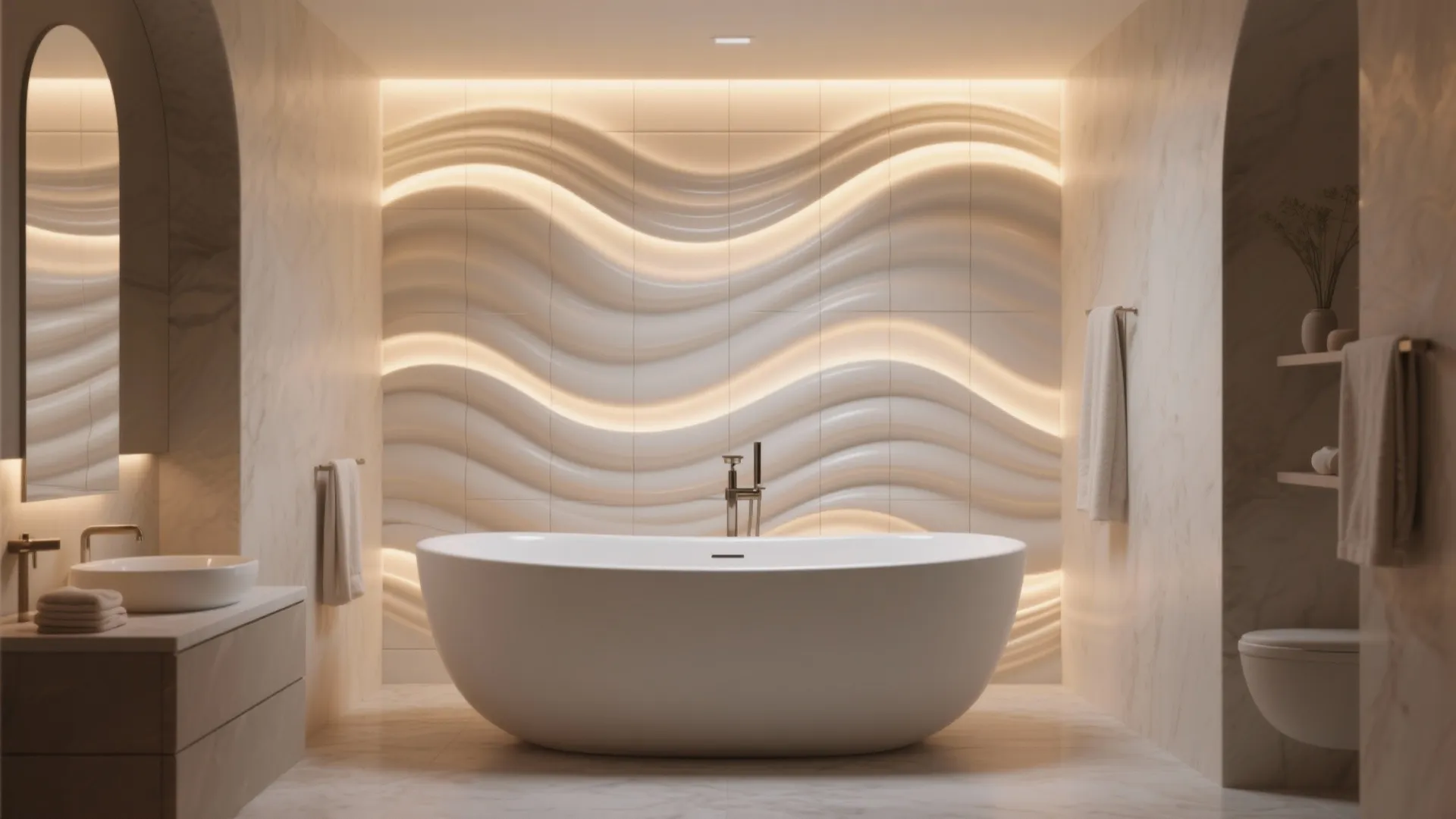 Luxurious bathroom with white bathtub in front of a feature wall with lit wave patterns
