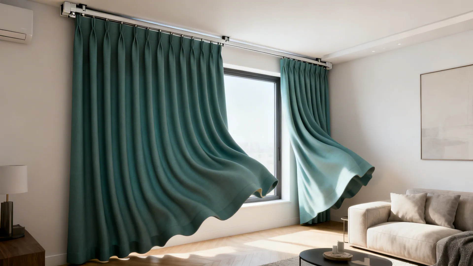 Modern pleated wave curtains on concealed ceiling carriers creating a smooth continuous fall